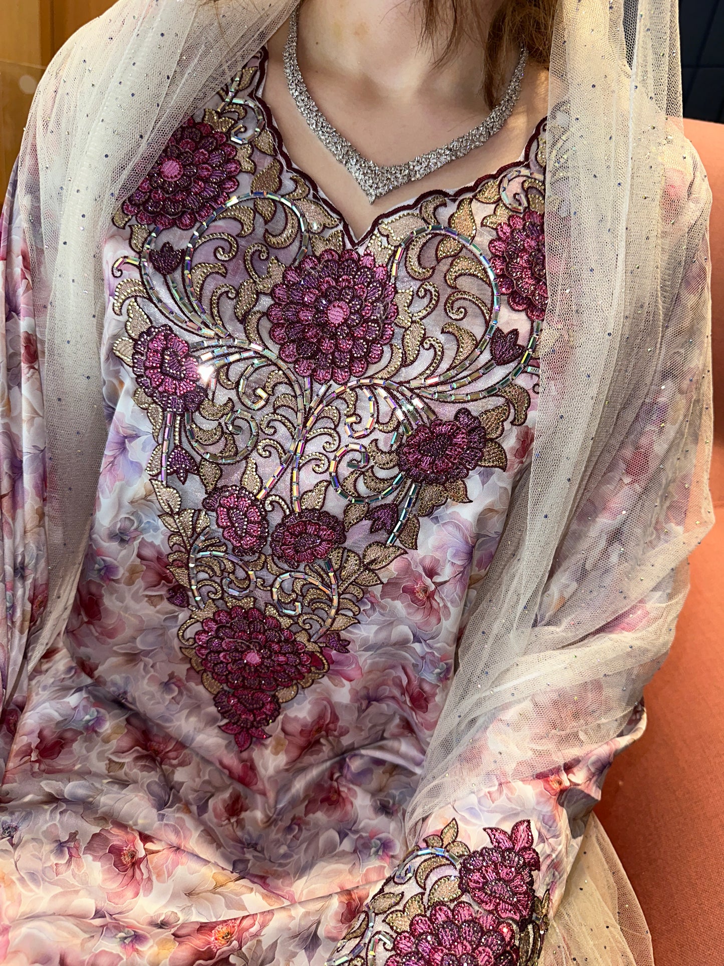 Pink floral silk mkhwar with corset and chiffon Sheila