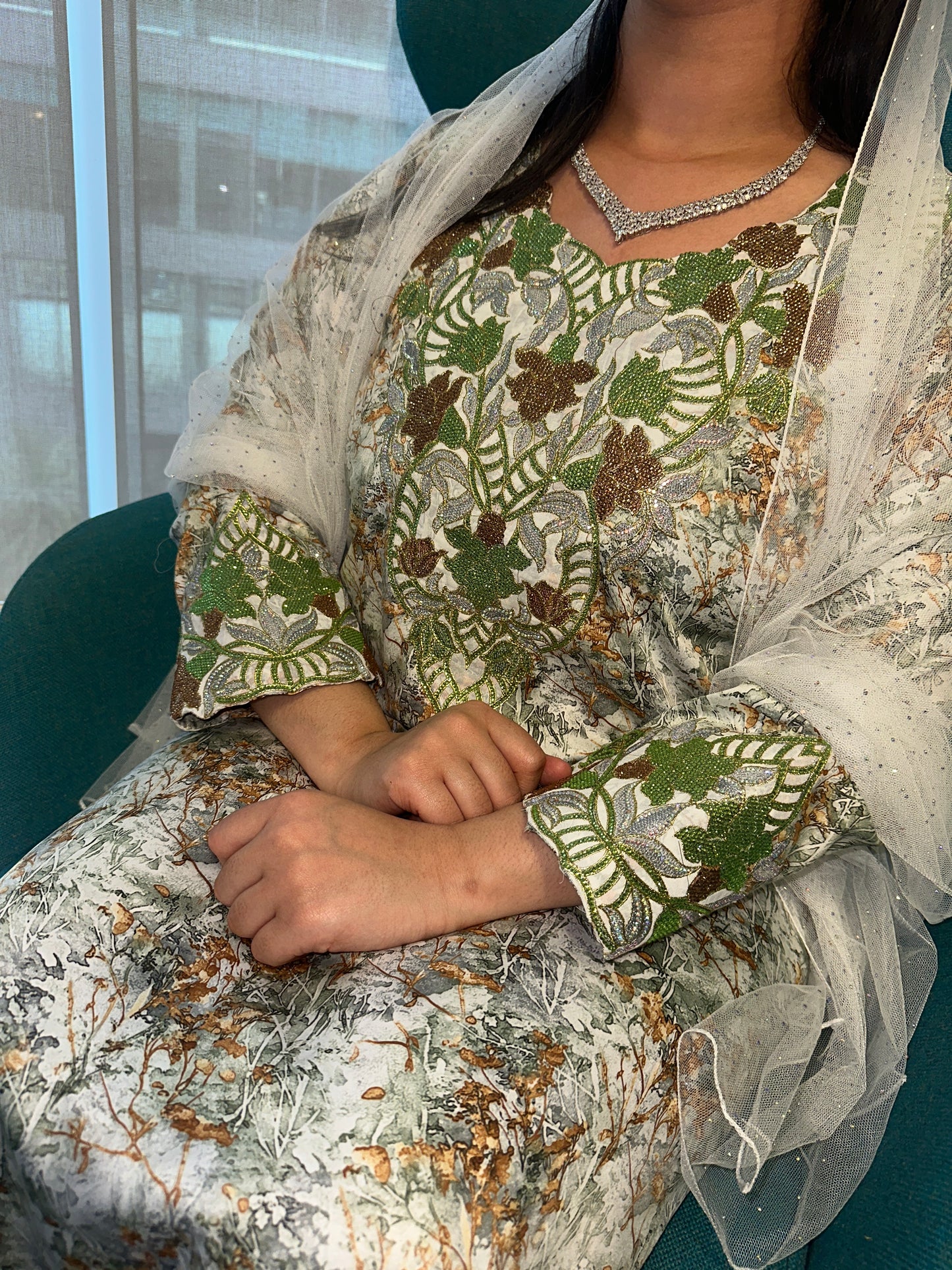Olive green and blue mkhawar Indonesian silk