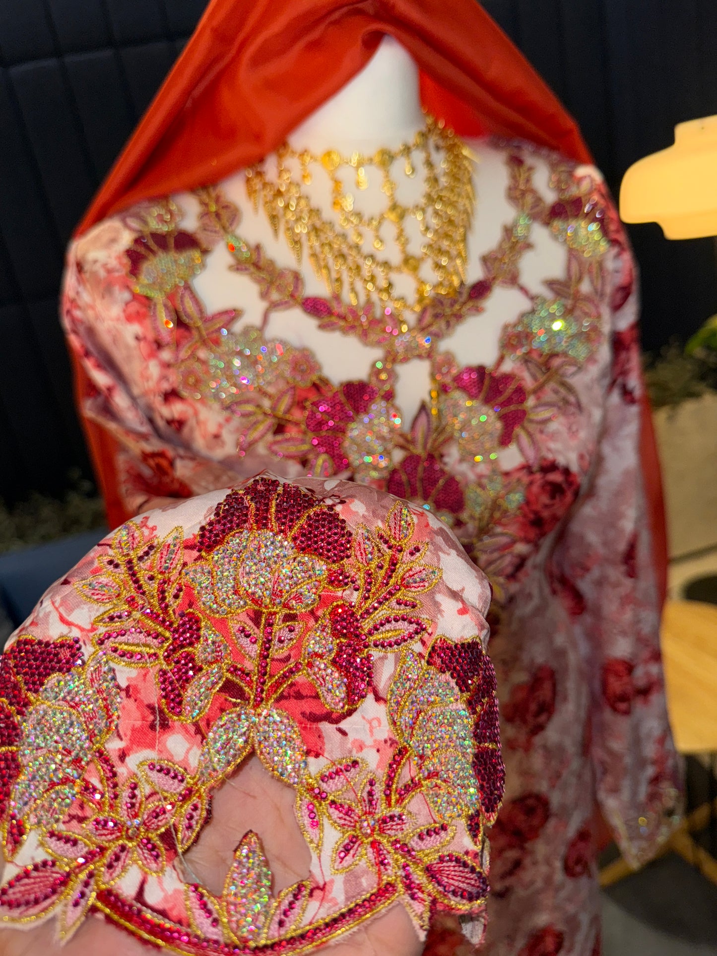 Red and pink mkhawar with matching Shiela hijab