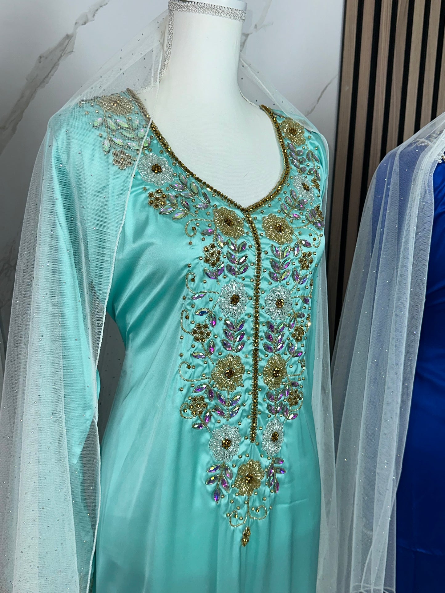 Teal color mkhawar handmade work wit creamy Sheila