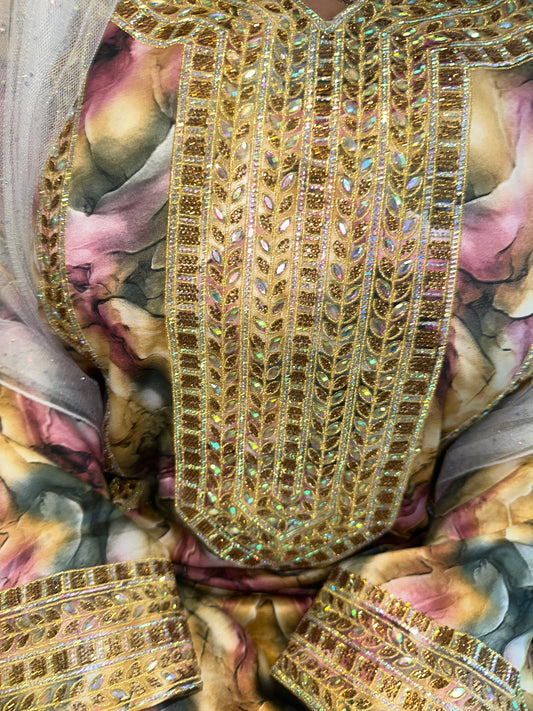 Pink and olive green Indonesian silk mkhawar