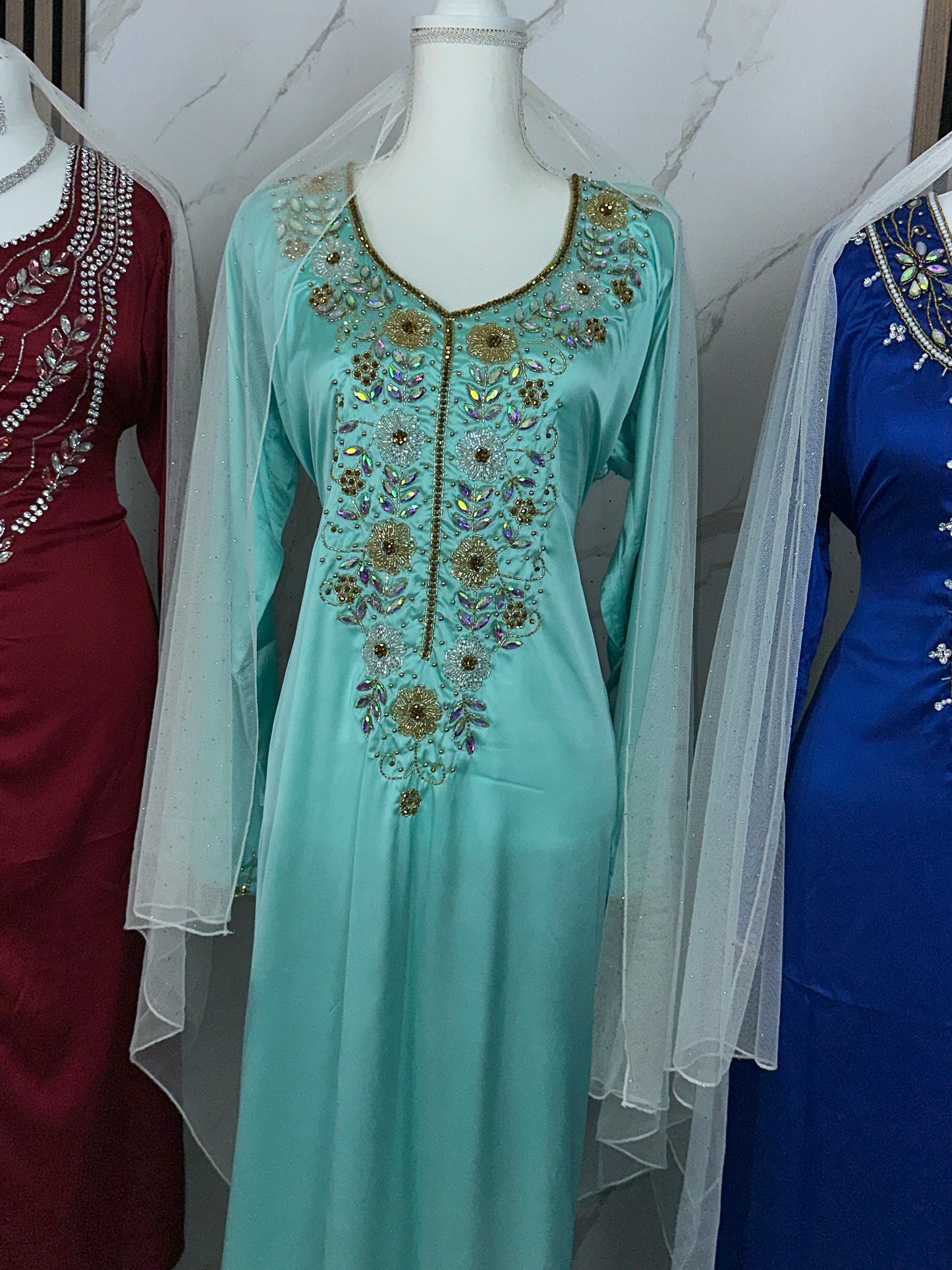 Teal color mkhawar handmade work wit creamy Sheila