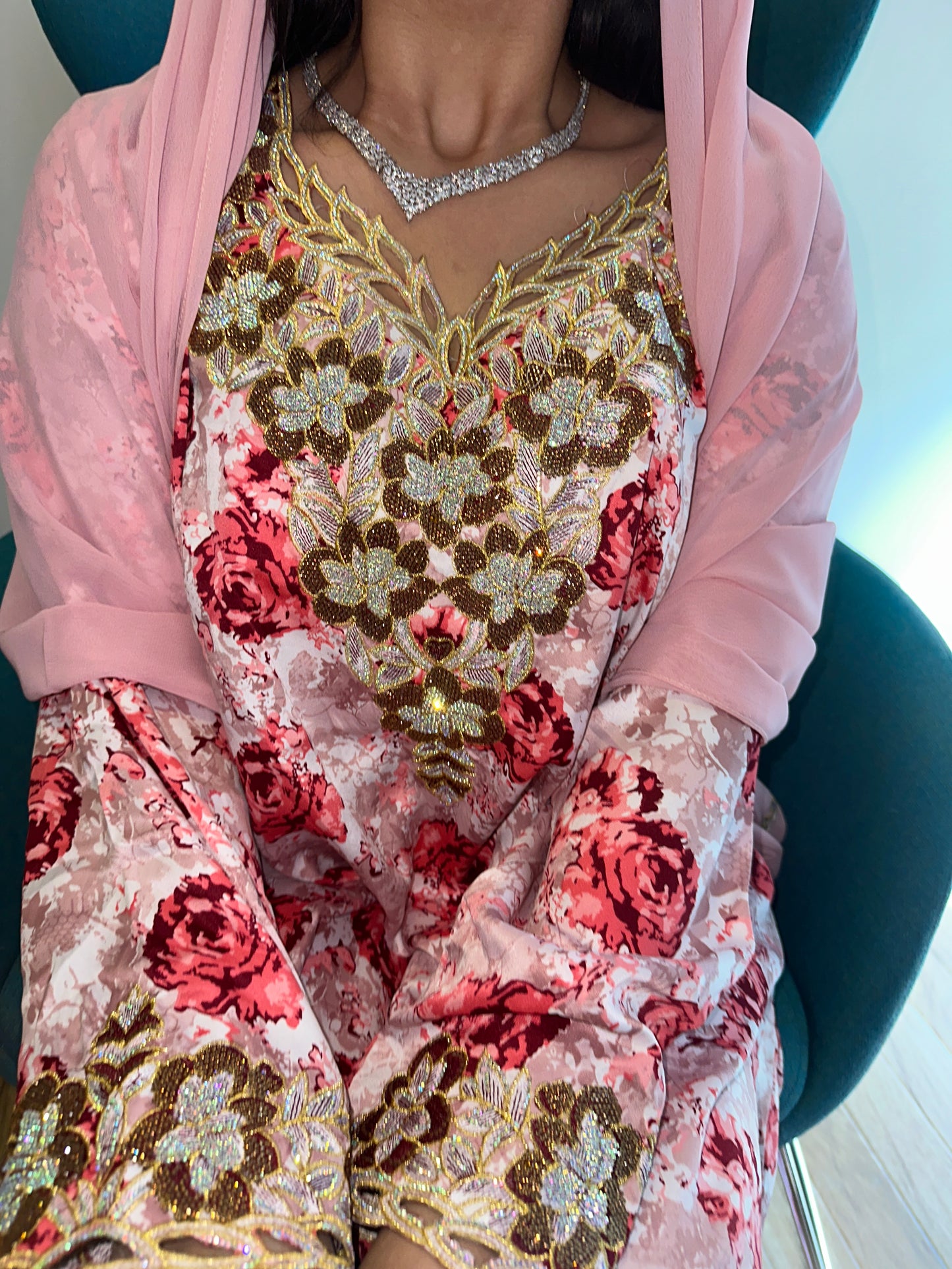 Pink and red mkhawar with matching Shiela