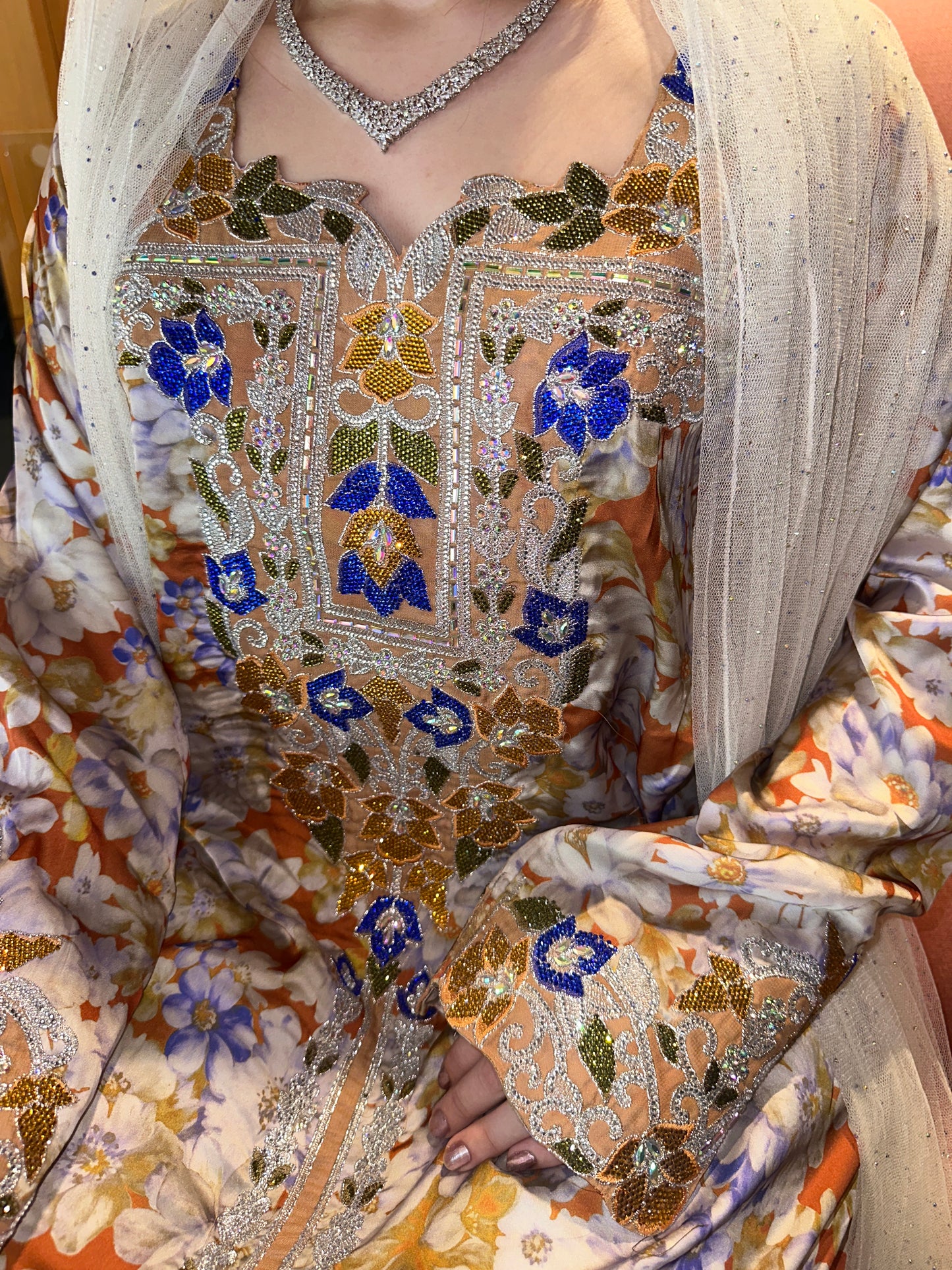 Cream Laila pure silk mkhwar with corset back and hachiyah with white chiffon Sheila