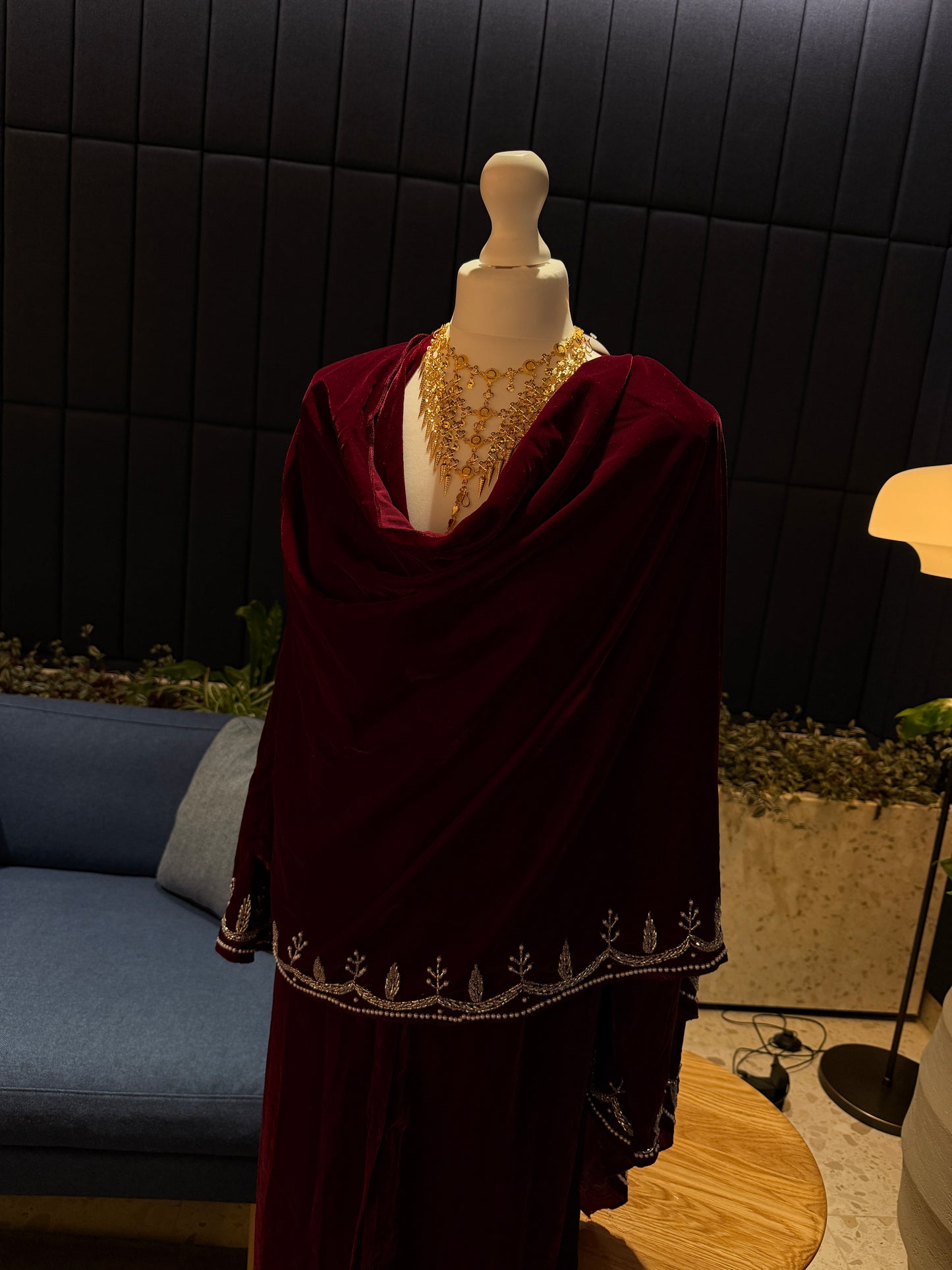 Burgundy Velvet abaya with scarf and handmade work