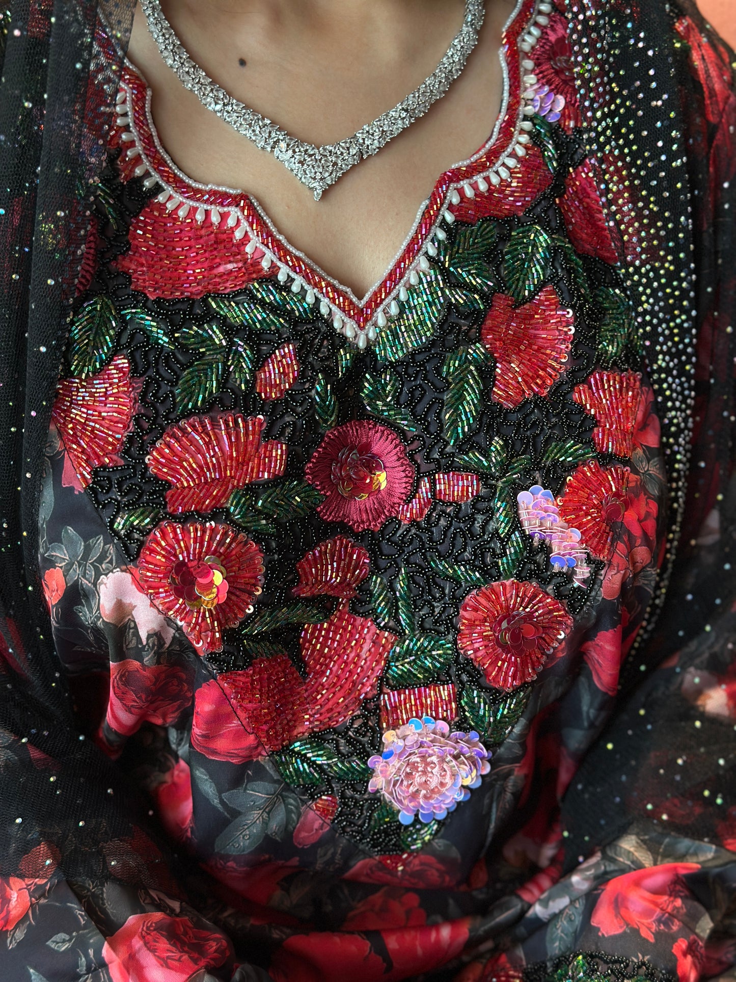 Black and red bead mkhawar pure silk with back corset and chiffon Sheila