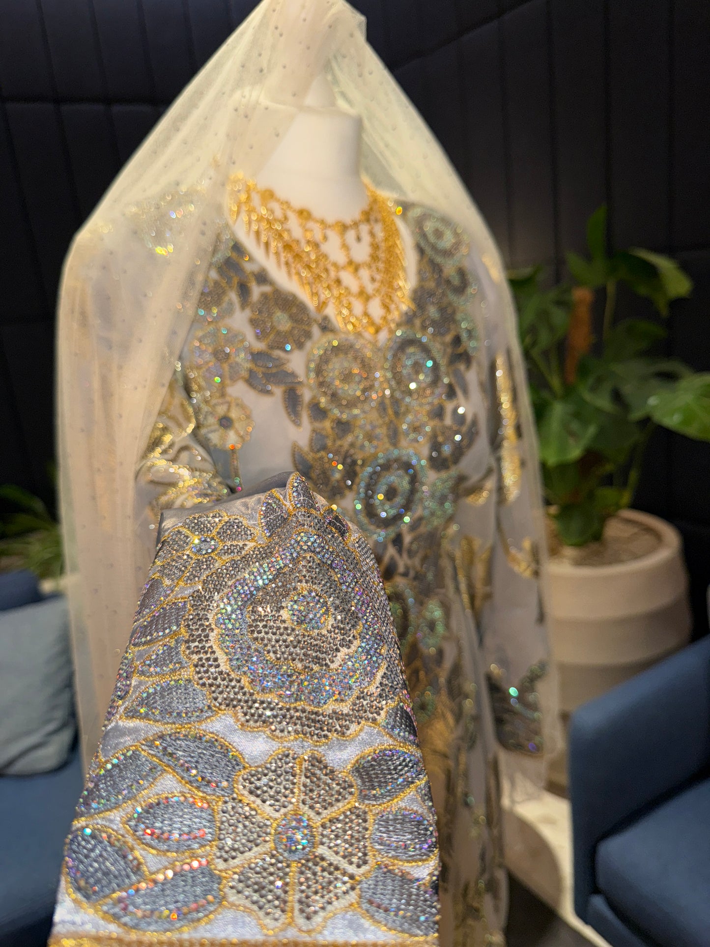 Grey/ blue sky Emirates Thobe with two pieces and belt inside