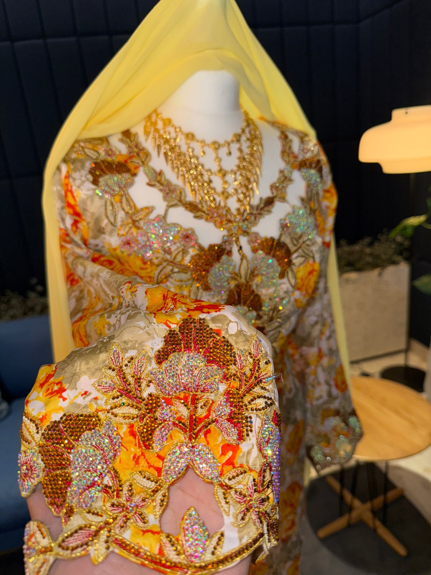 Orange and yellow mkhawar with matching Sheila hijab