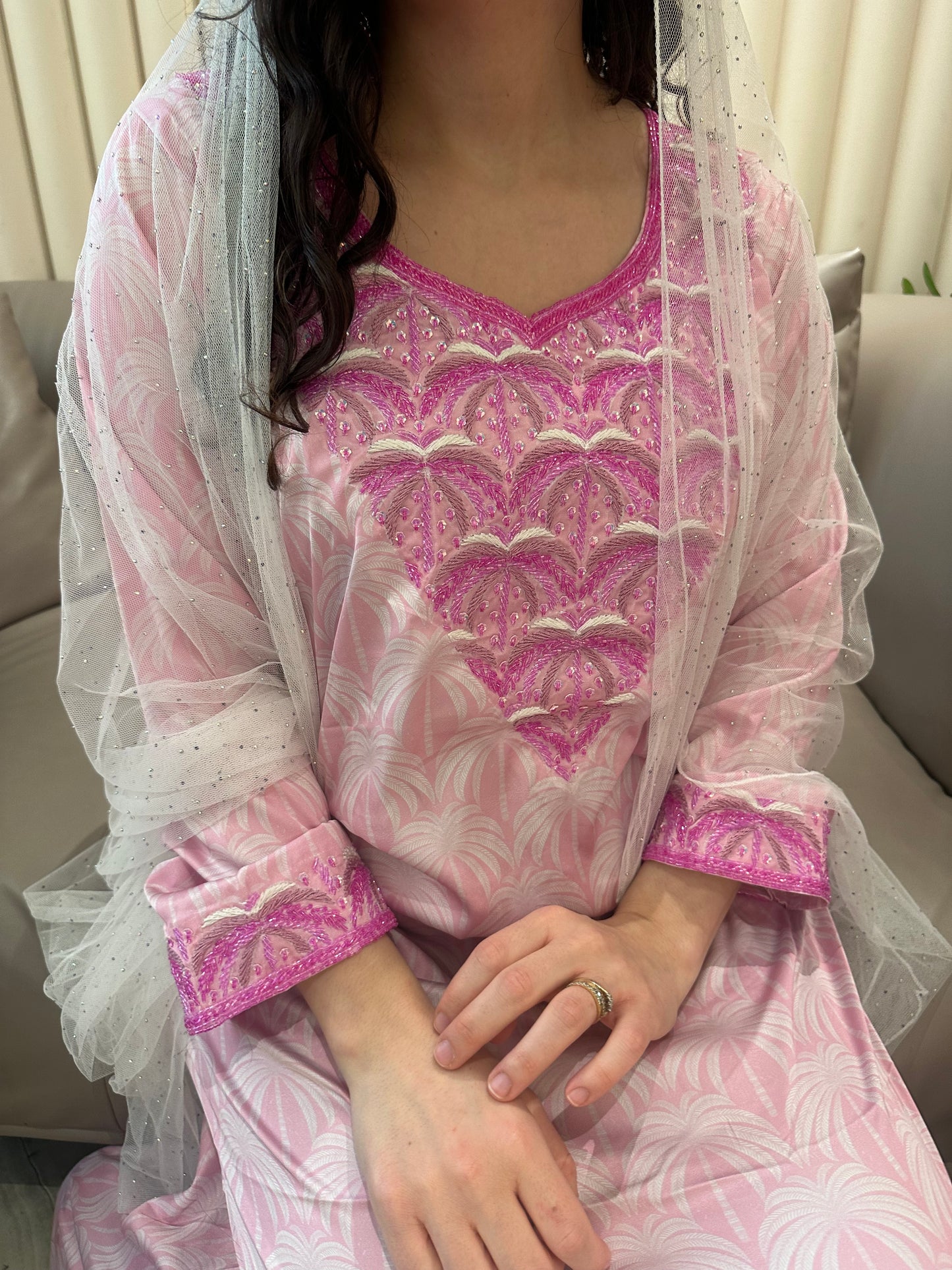 Pink nakhel pure silk mkhawar with corset