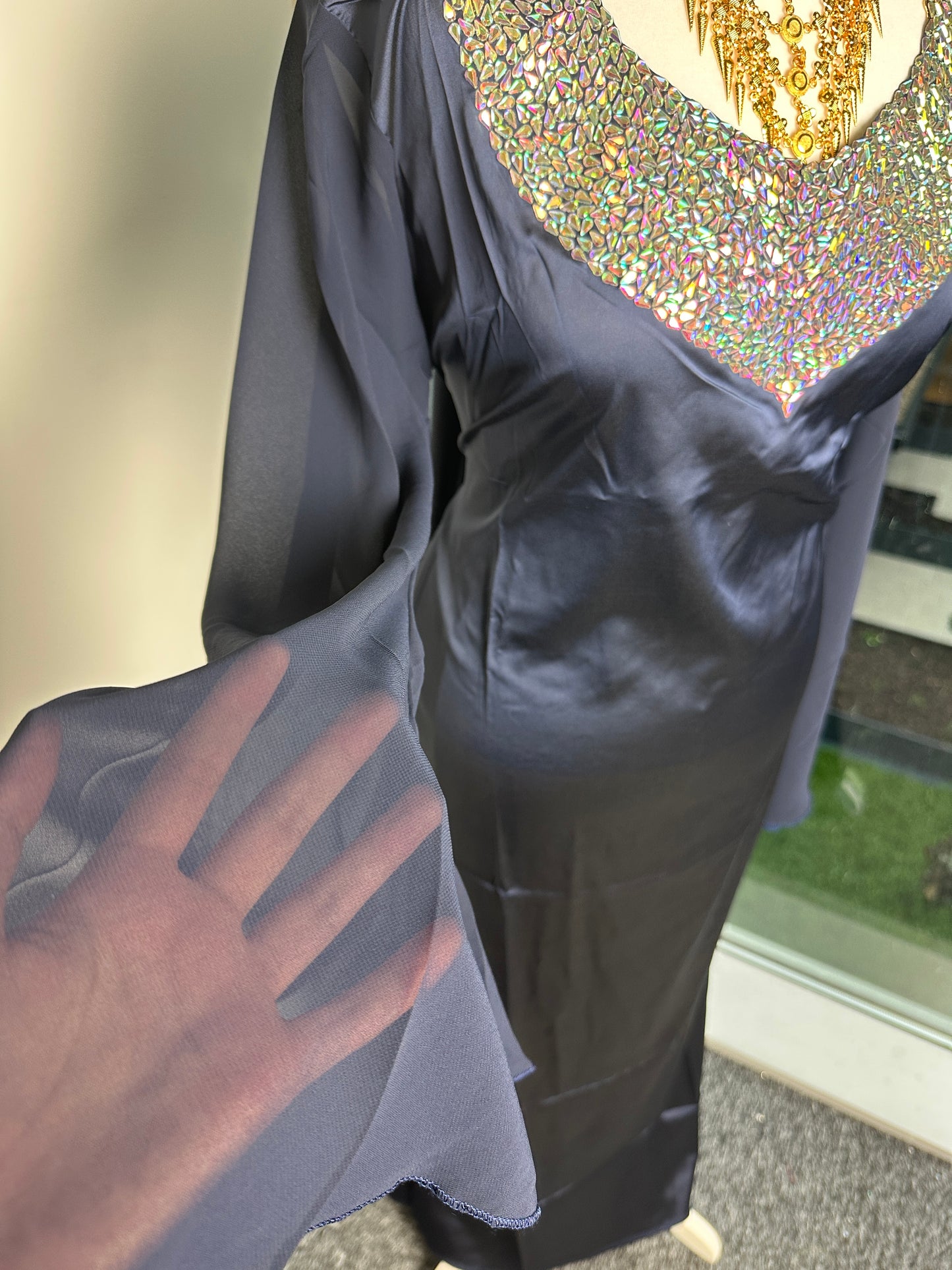 Navy blue low cut silk dress with chiffon sleeves with pockets