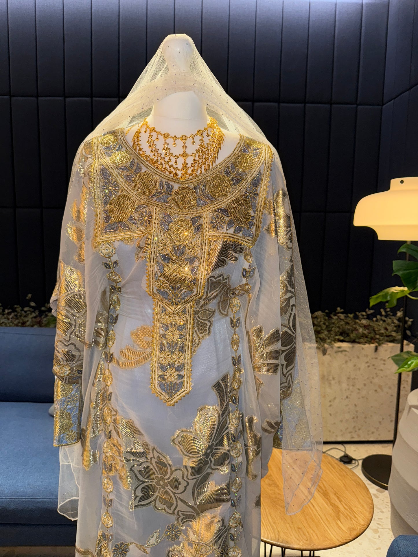 Grey/blue sky Emirati Thobe two pieces with belt inside