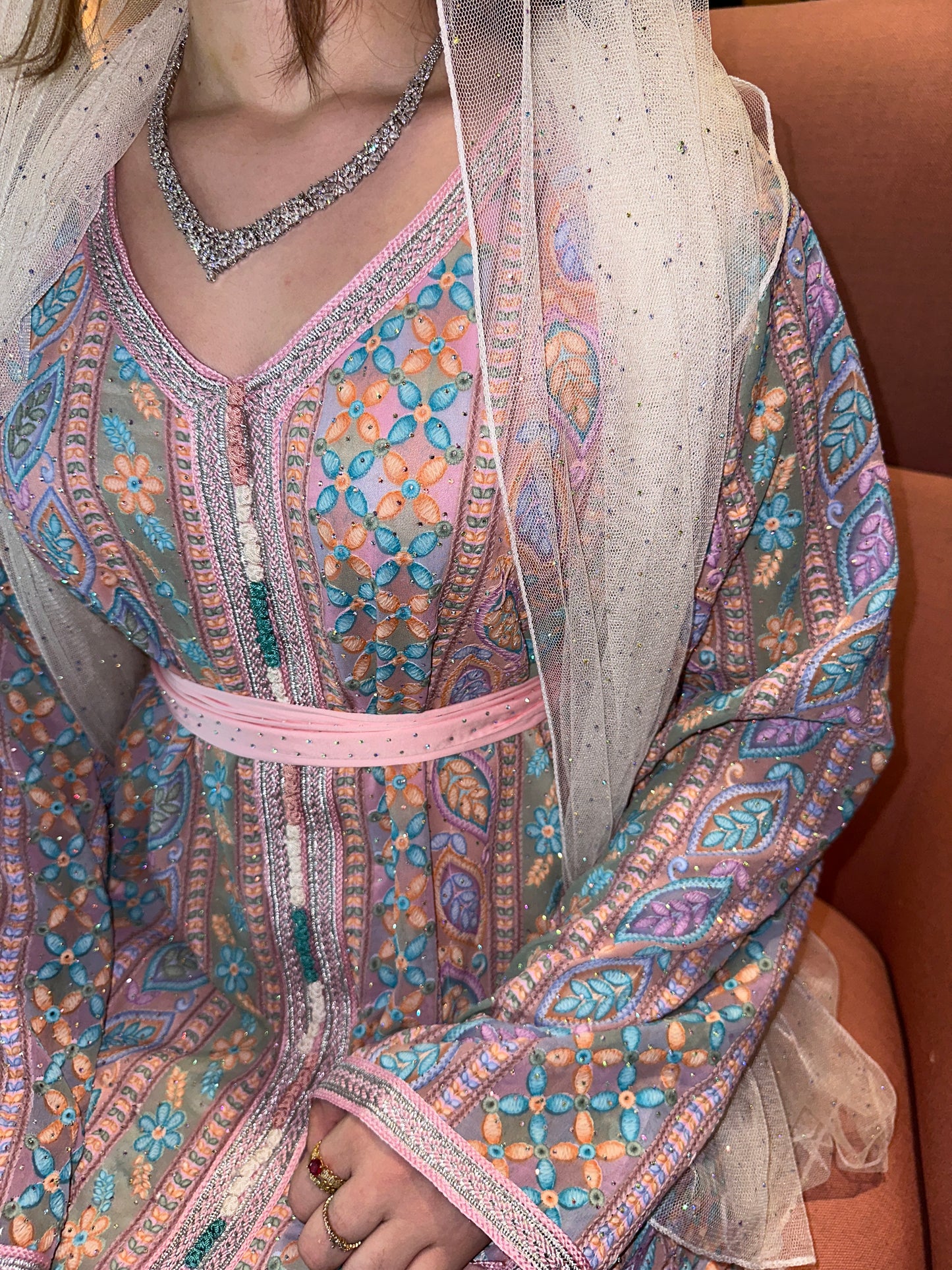 Pink and purple Moroccan kaftan with belt and chiffon Shiela