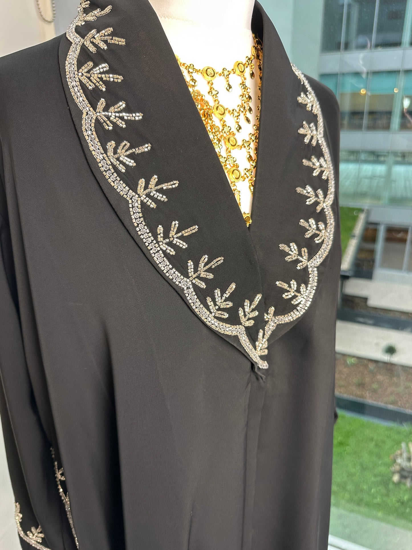Silver collar abaya with side pleats and hijab