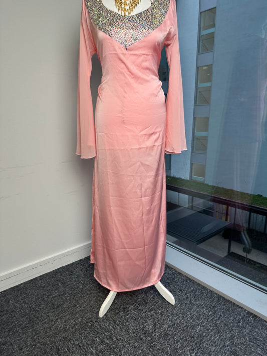 Light pink low cut silk dress with chiffon sleeves with pockets