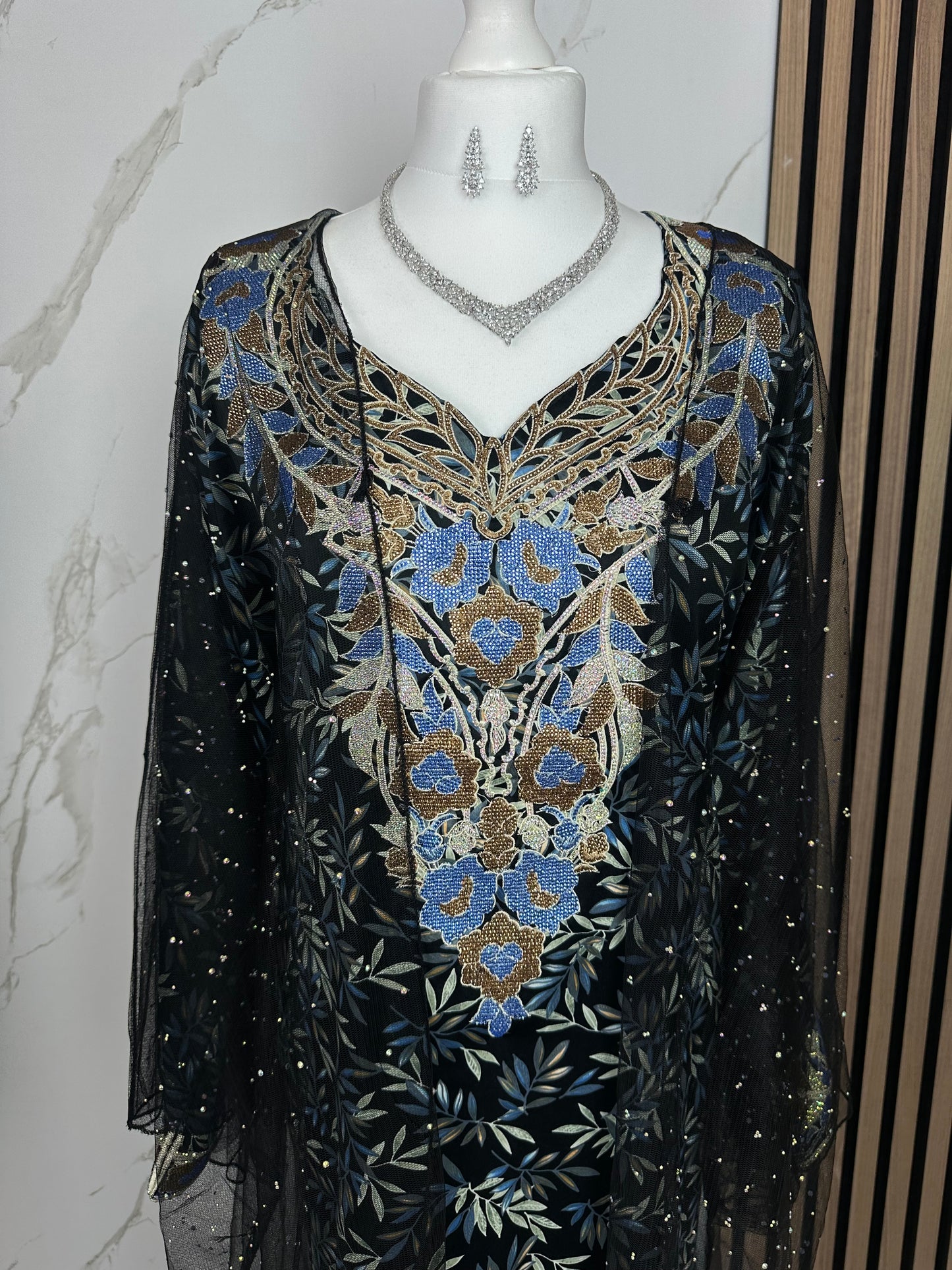 Black and blue mkhawar with black chiffon abaya