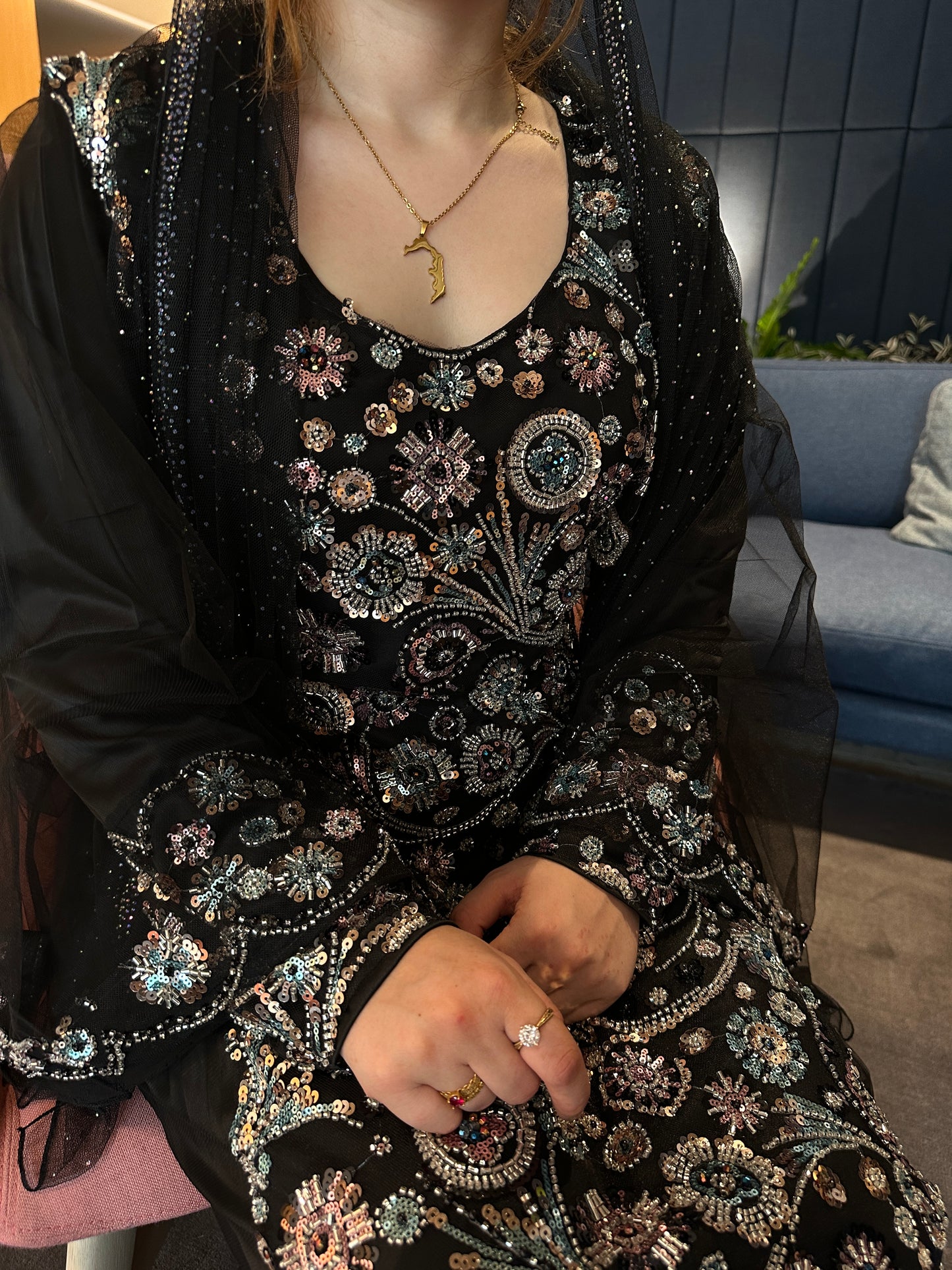 Pink, black and green Emirates Thobe with chiffon Sheila