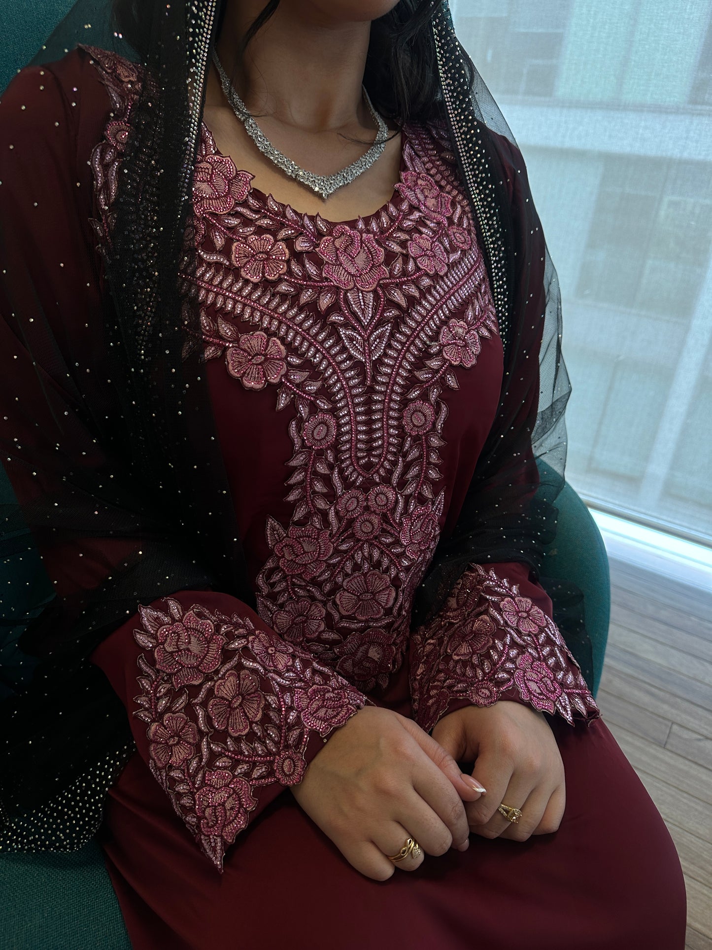 Burgundy silk mkhawar