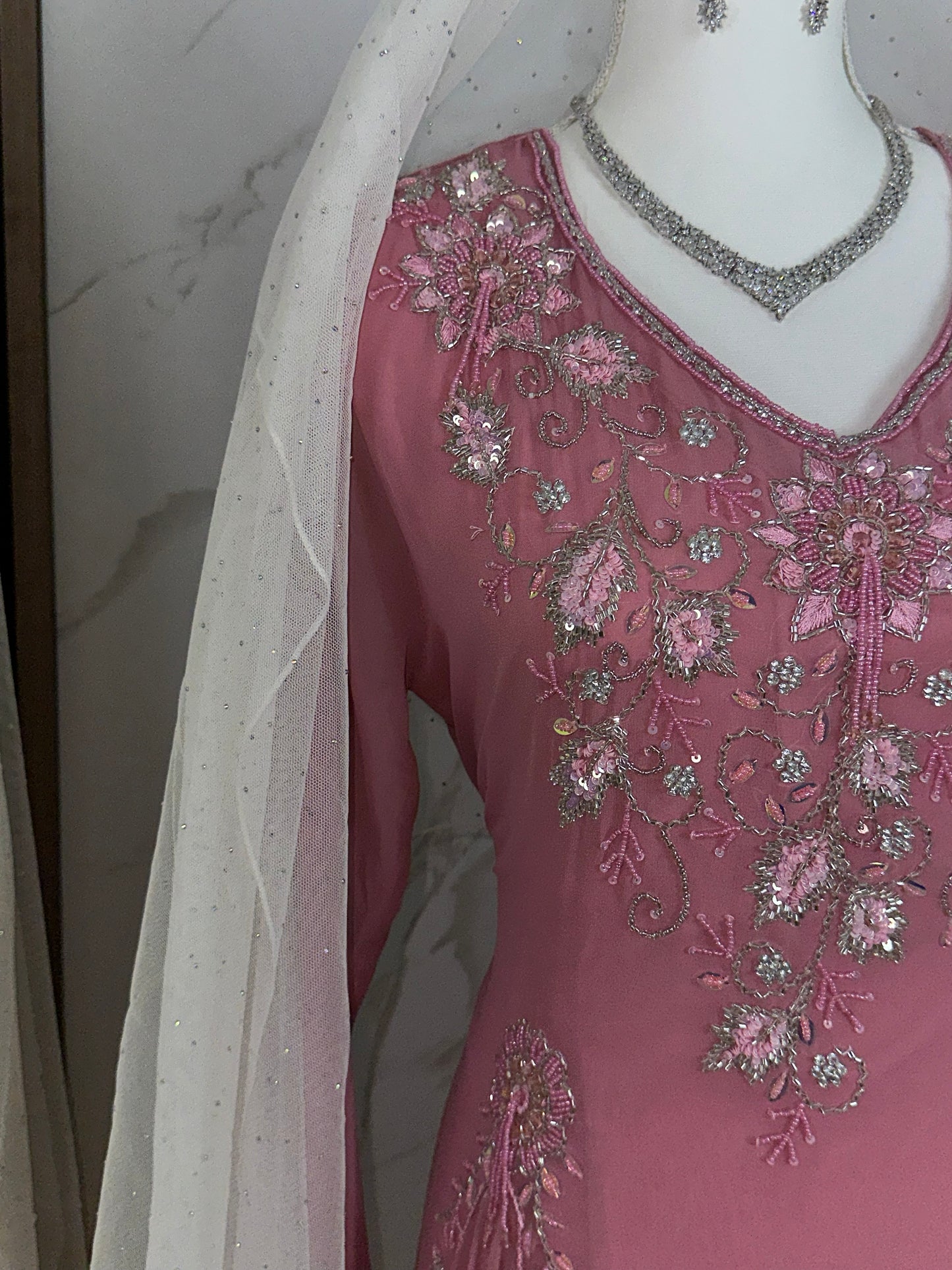 Pink caftan dress fully handmade work with two cassarat