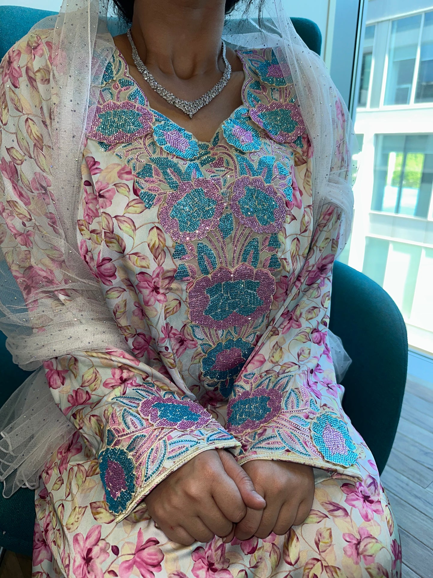 Pink and blue pure silk mkhawar