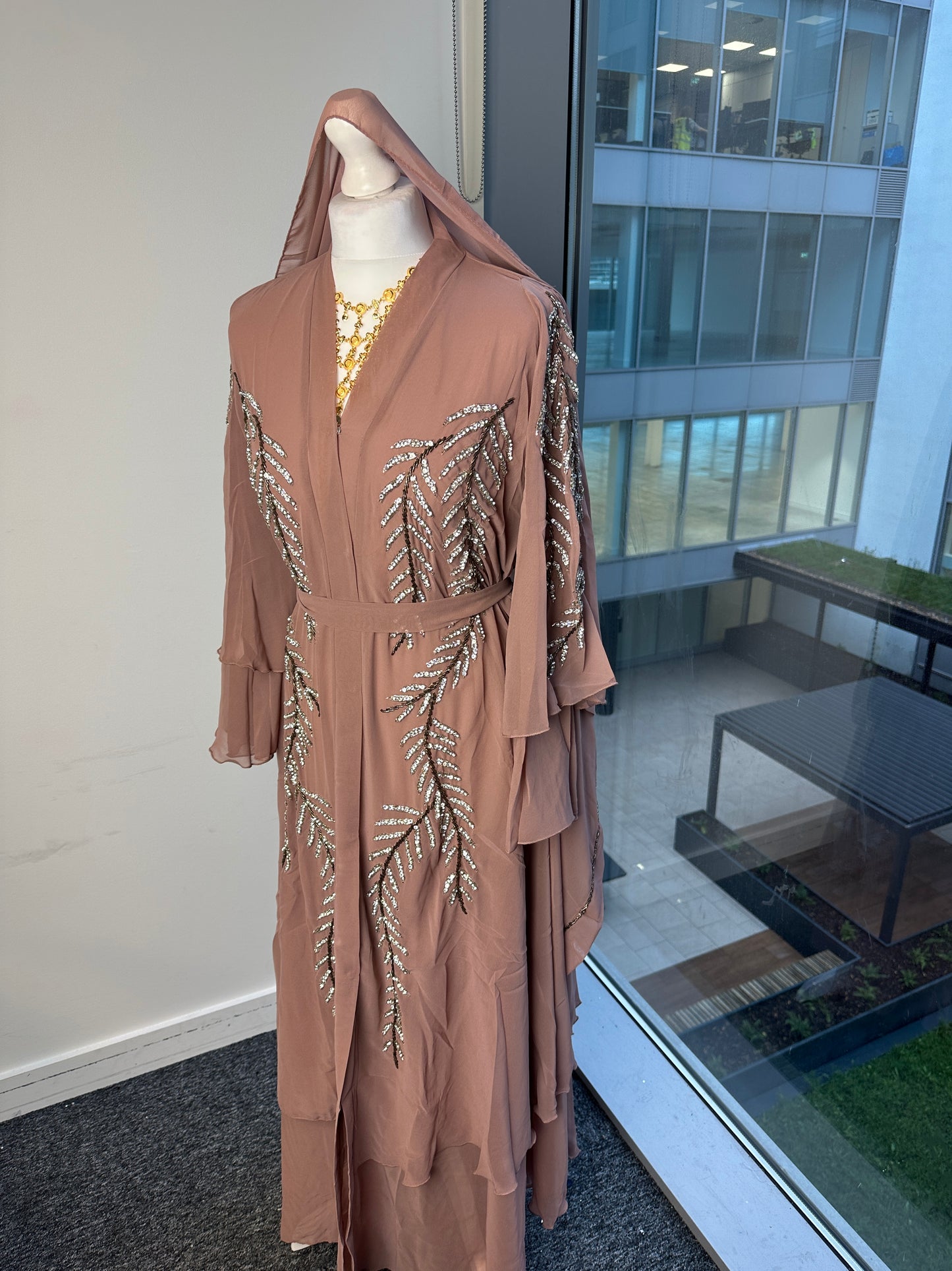 Mauve double chiffon abaya with belt and matching Sheila