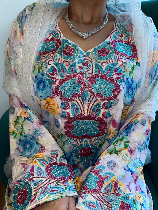 Floral with purple and blue pure silk mkhawar