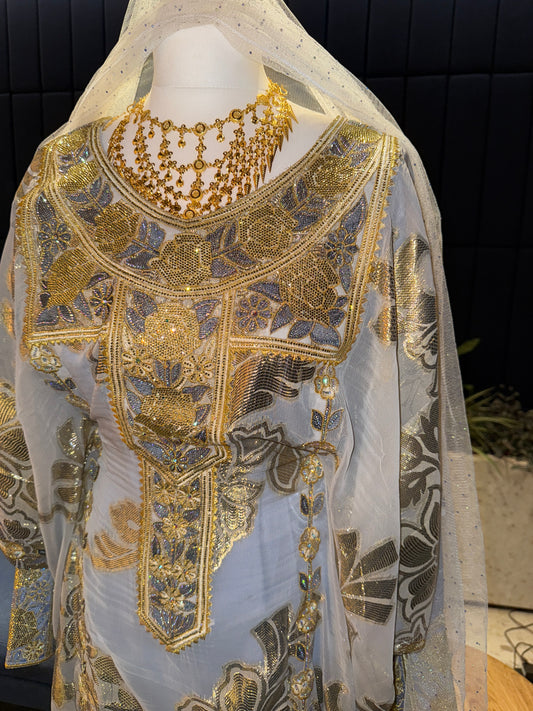 Grey/blue sky Emirati Thobe two pieces with belt inside