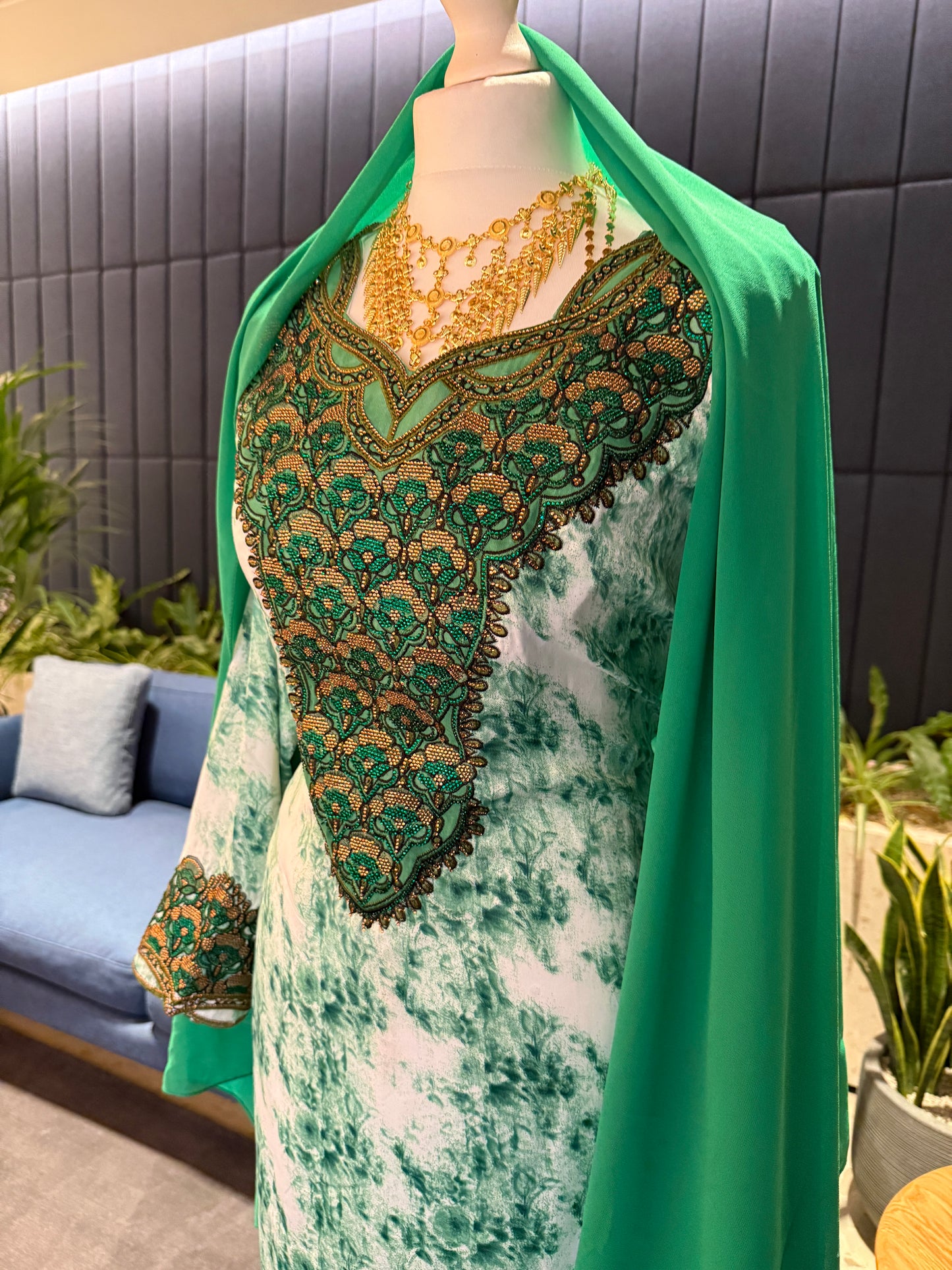 Green mukhawar with hijab and corset back