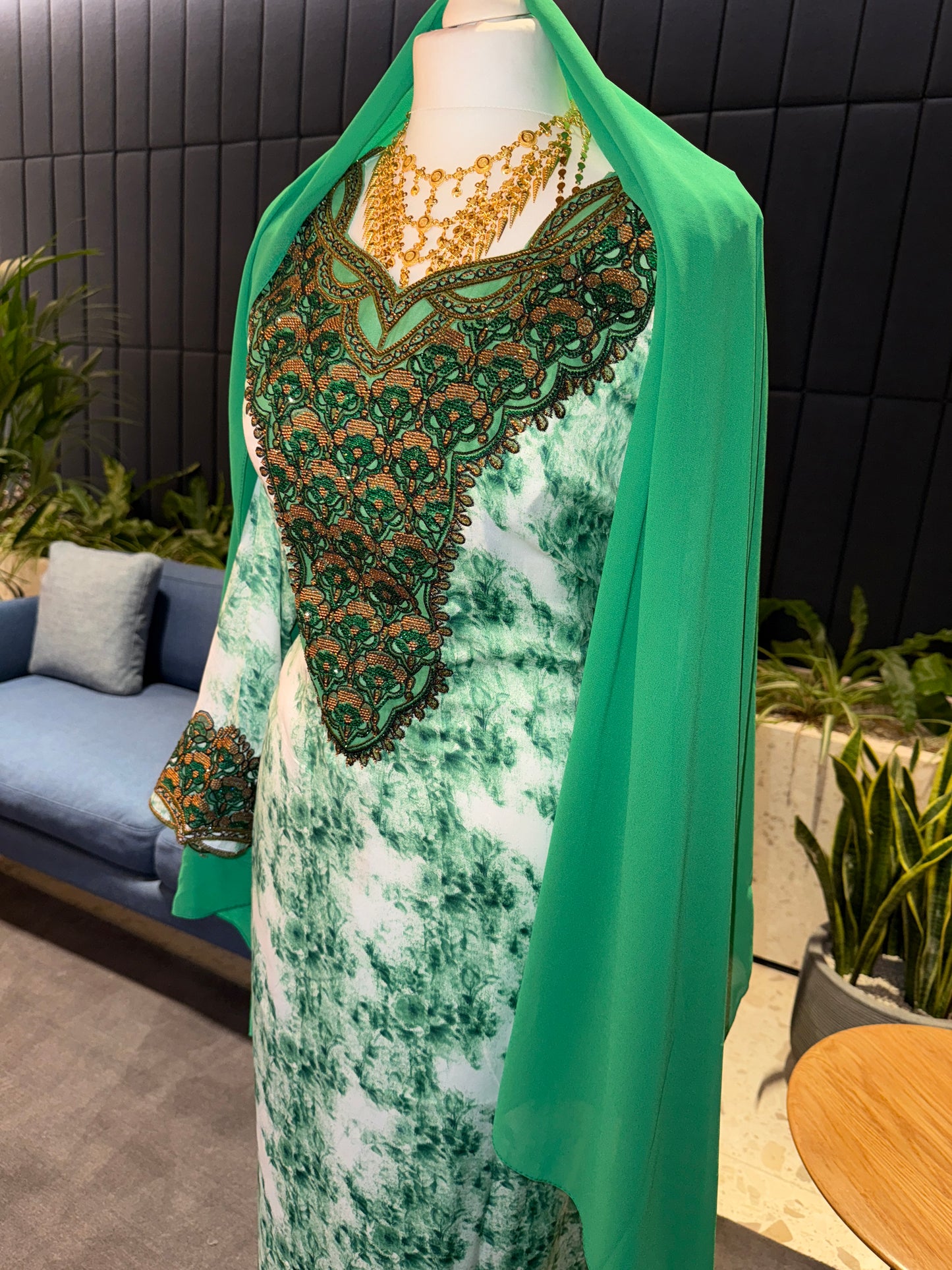 Green mukhawar with hijab and corset back