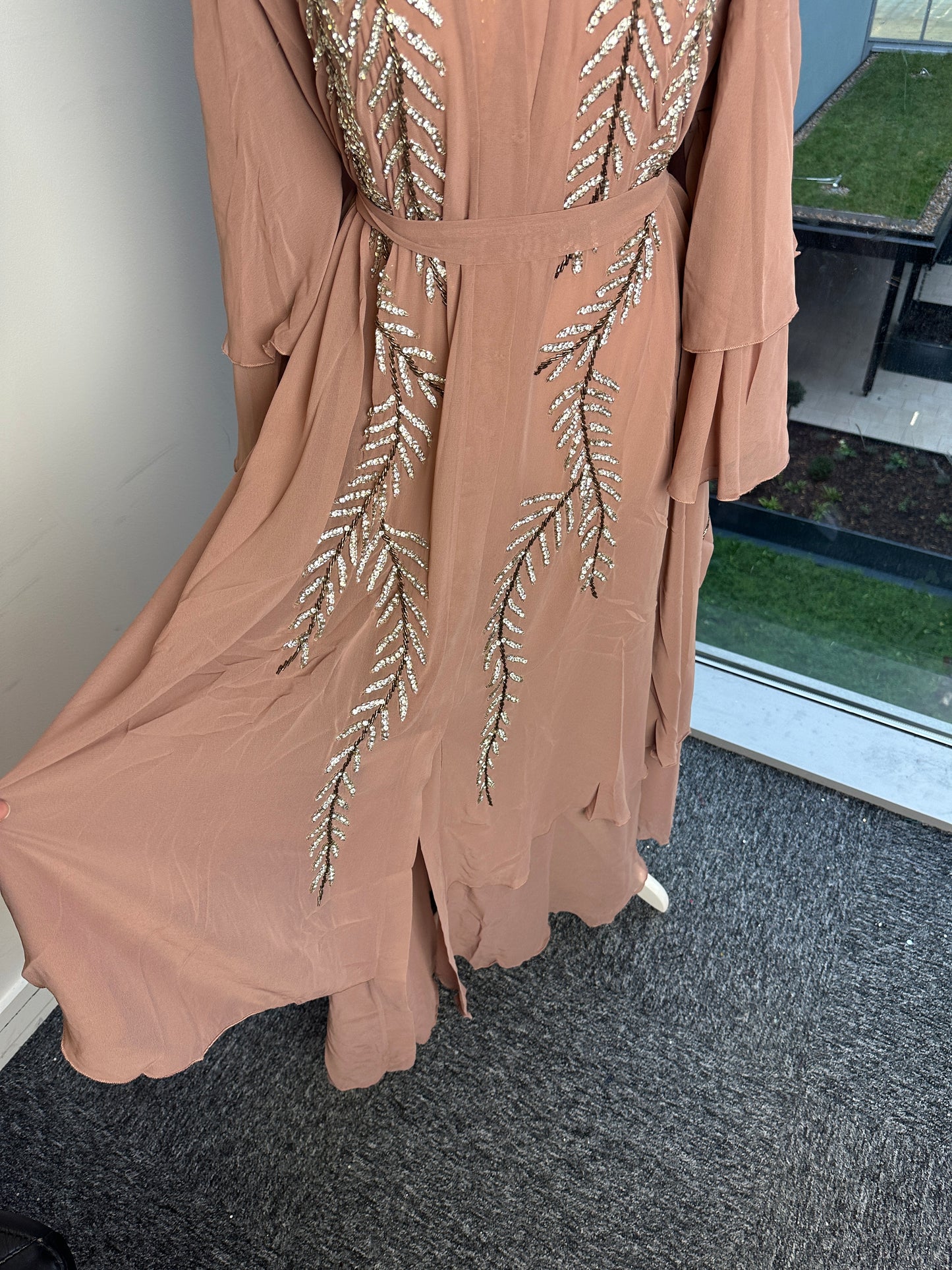 Mauve double chiffon abaya with belt and matching Sheila