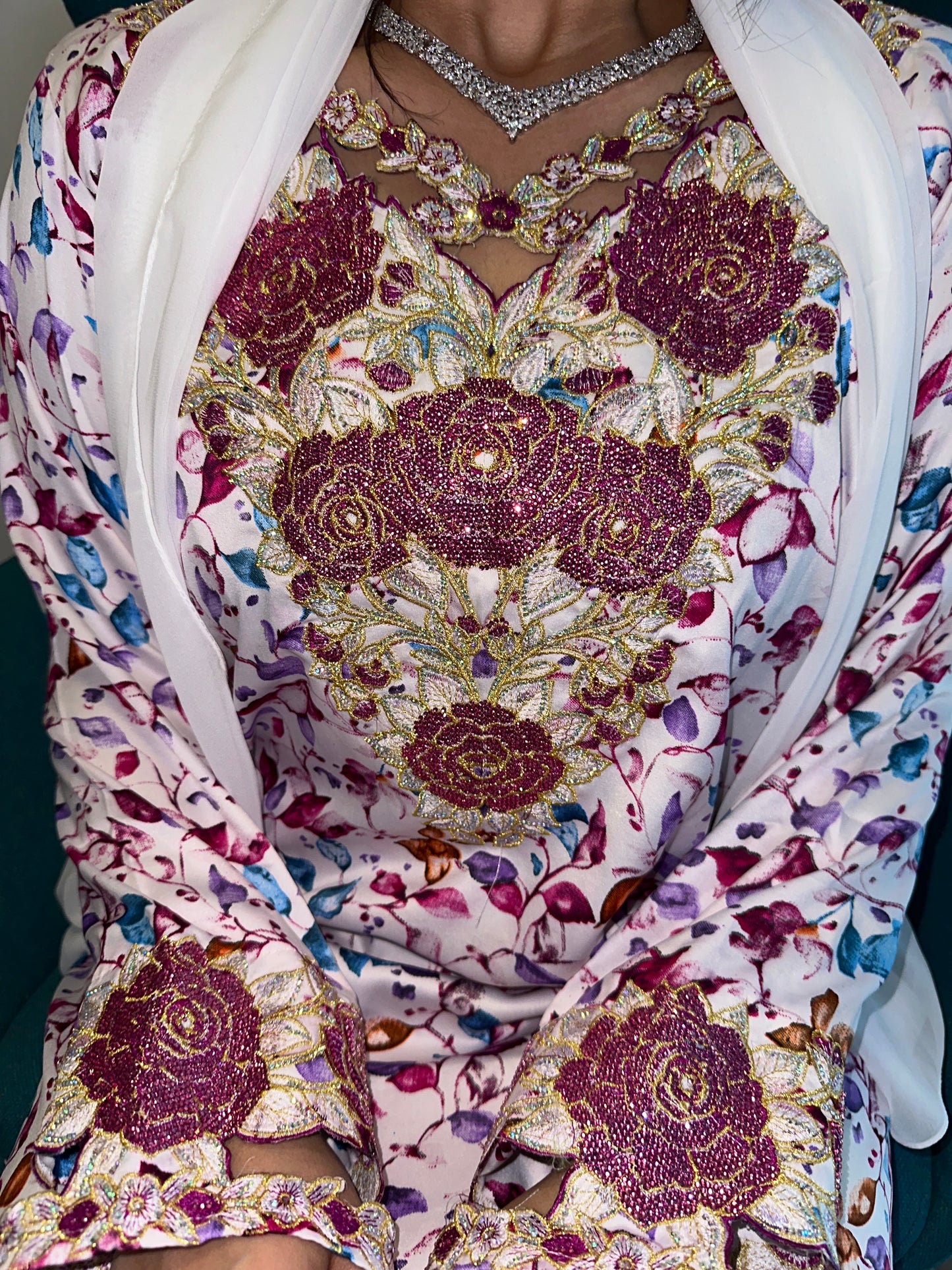 White and pink mkhawar with matching Shiela