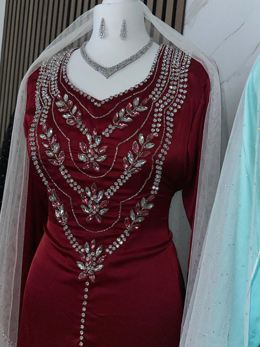Bordeaux color mkhawar with creamy Sheila pure silk material and back corset