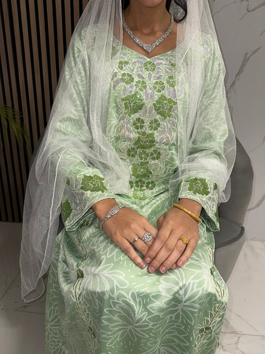 Pastel green mkhawar with chiffon Sheila