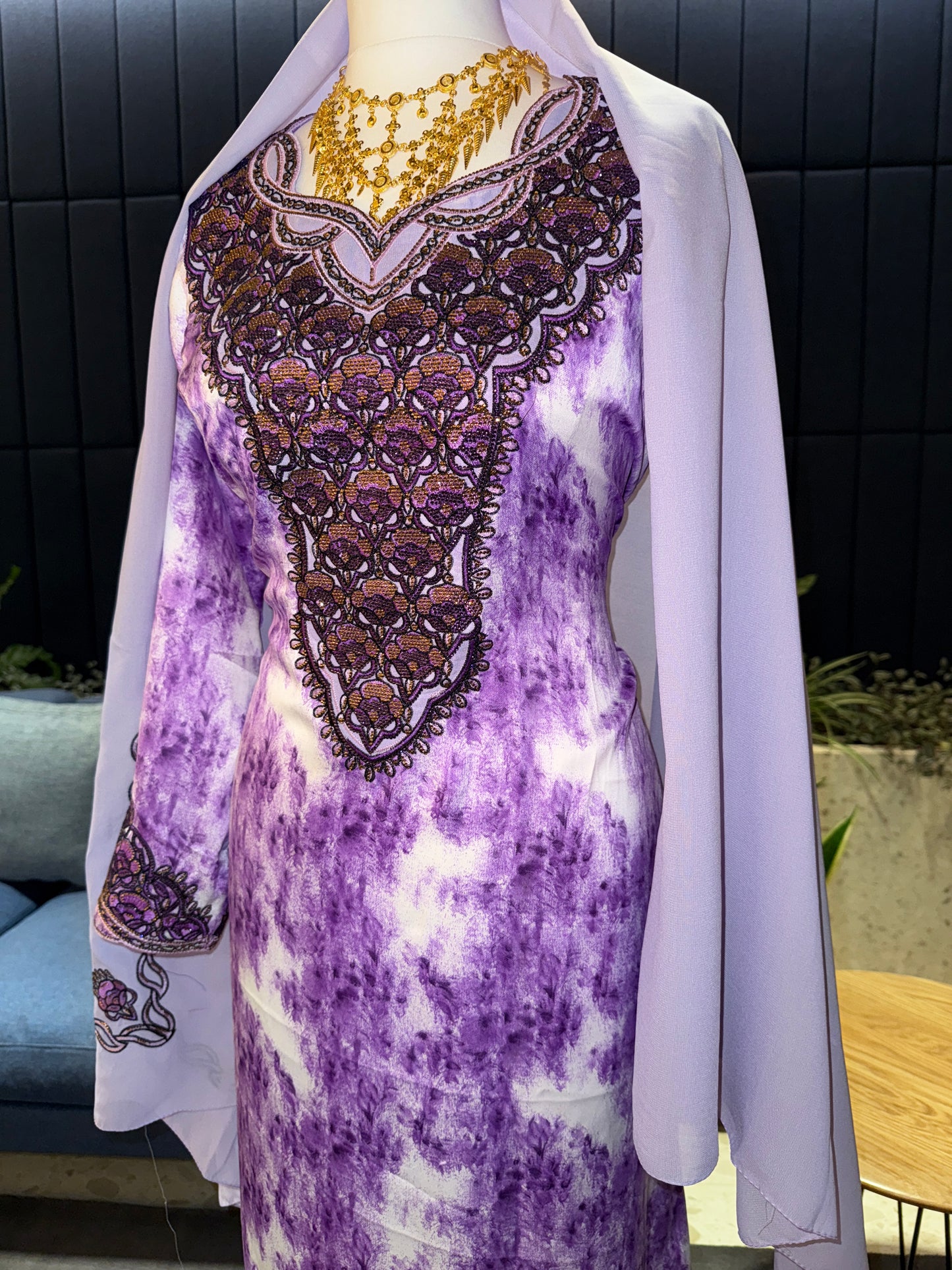 Purple mukhawar with hijab and back corset