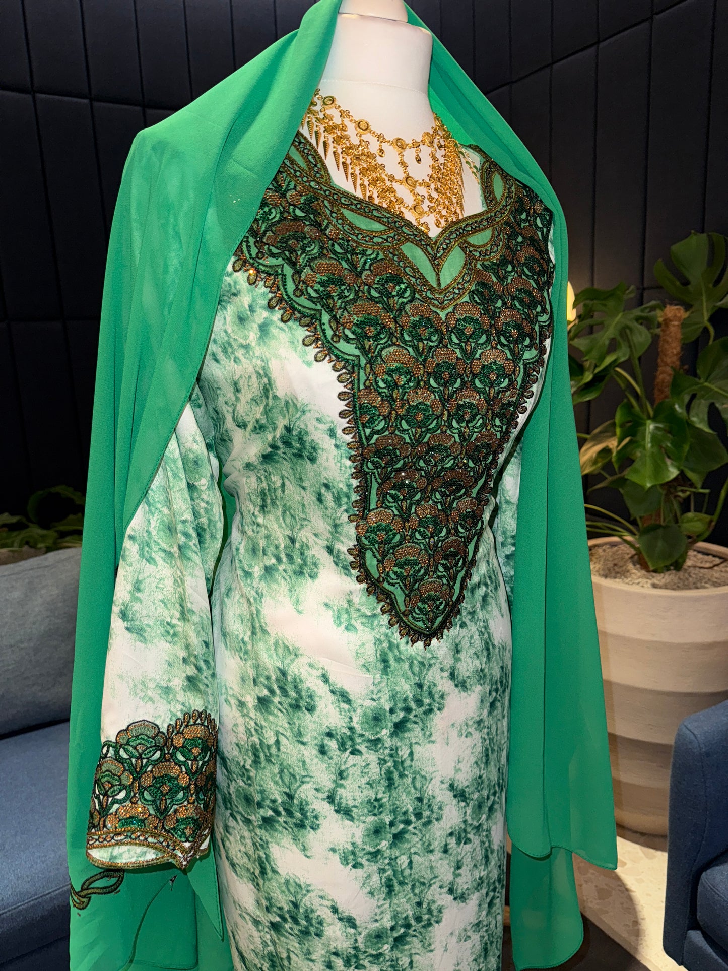 Green mukhawar with hijab and corset back