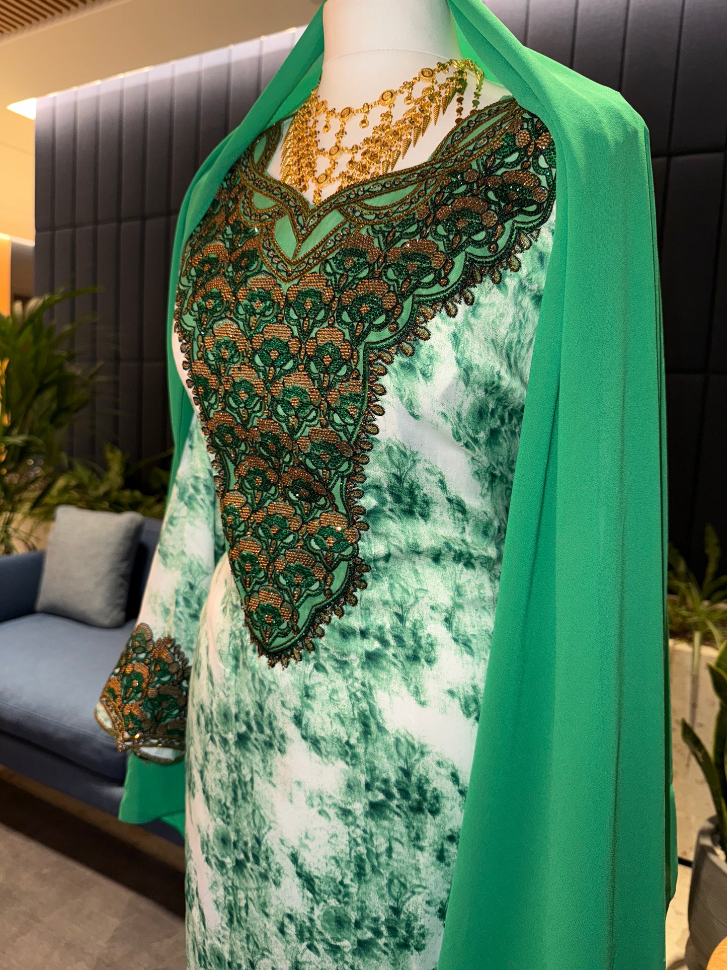 Green mukhawar with hijab and corset back
