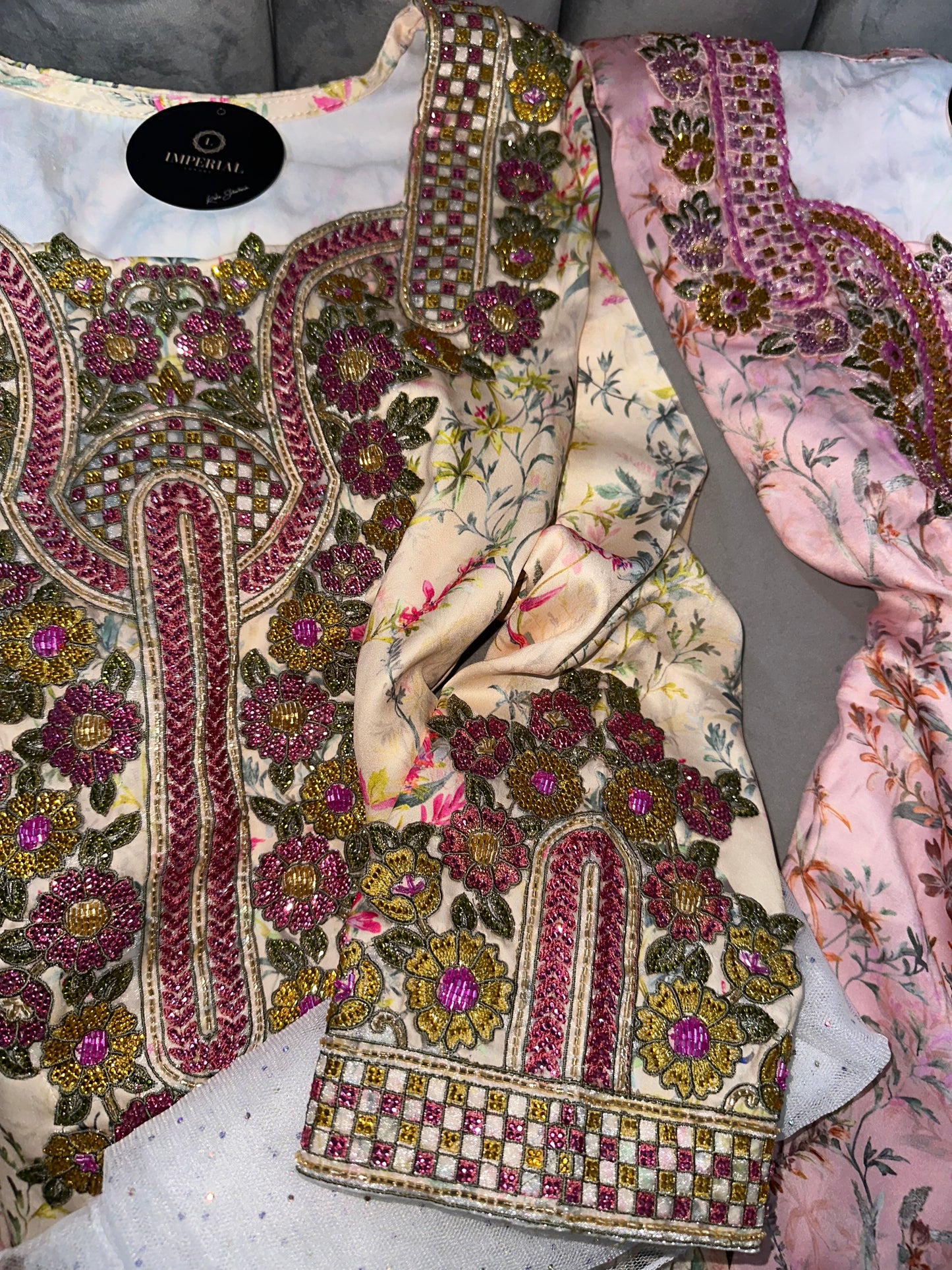 Pink, creamy, grey, green and white handmade mkhawar with corset back and chiffon Shiela