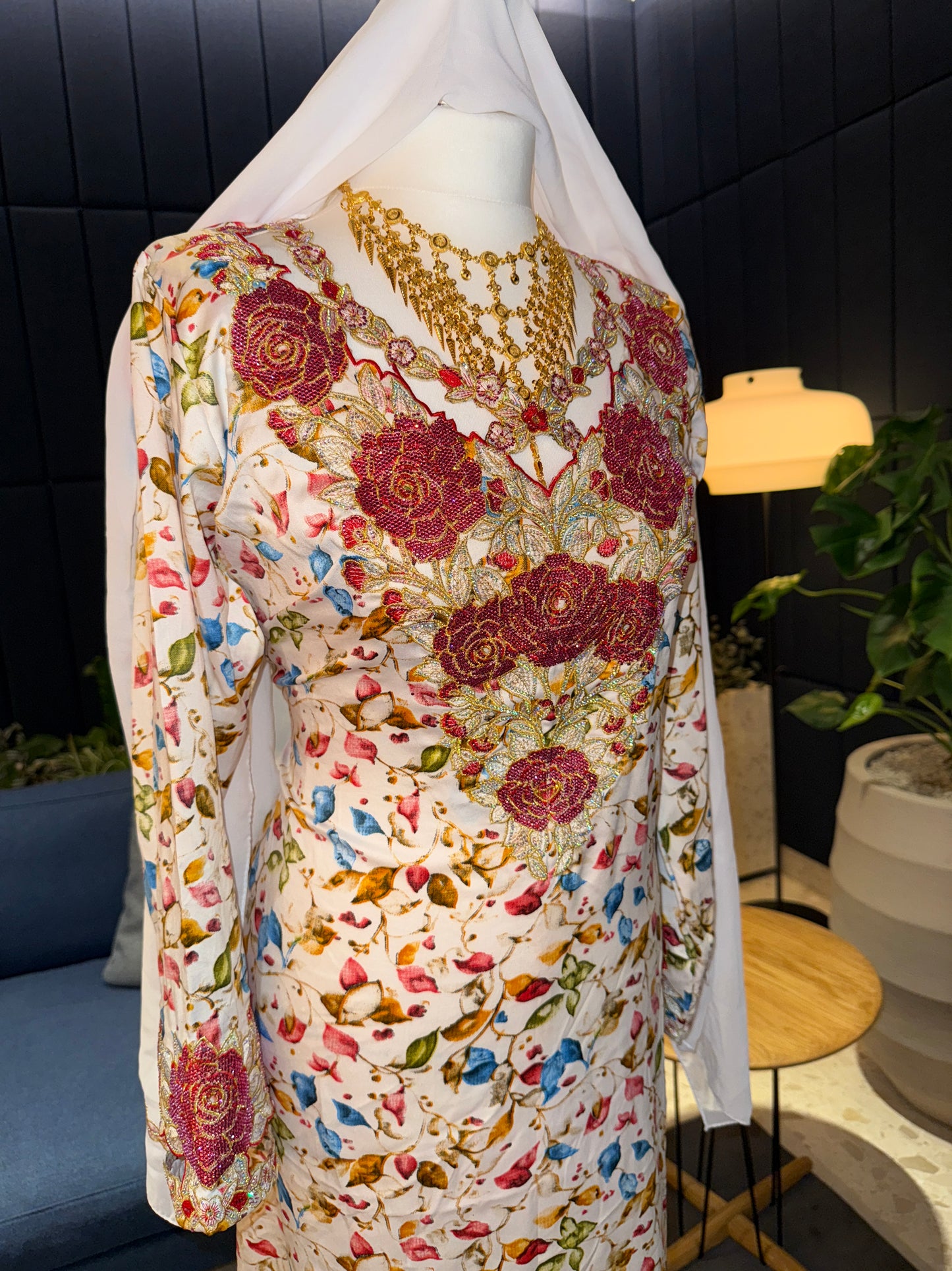 Red and white mukhawar with hijab