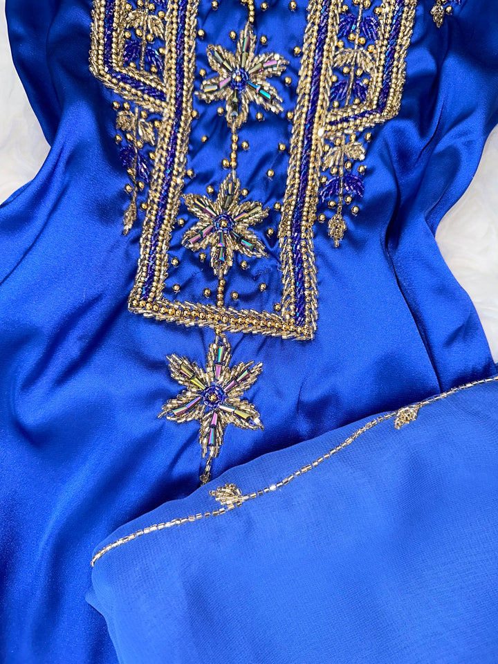 Royal blue mukhawar with matching Sheila handmade work