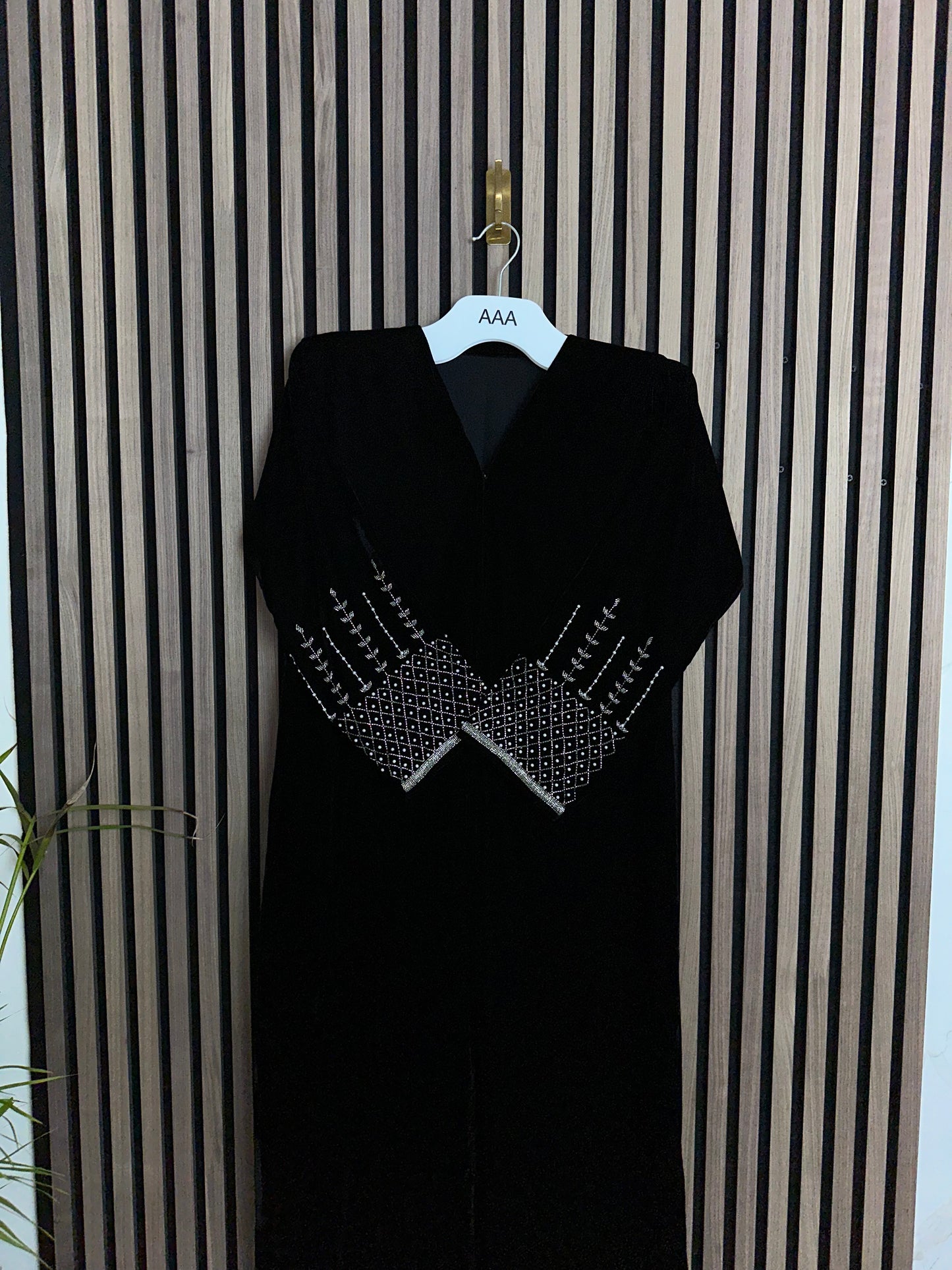 Velvet abaya with matching Shiela handmade work on the sleeves