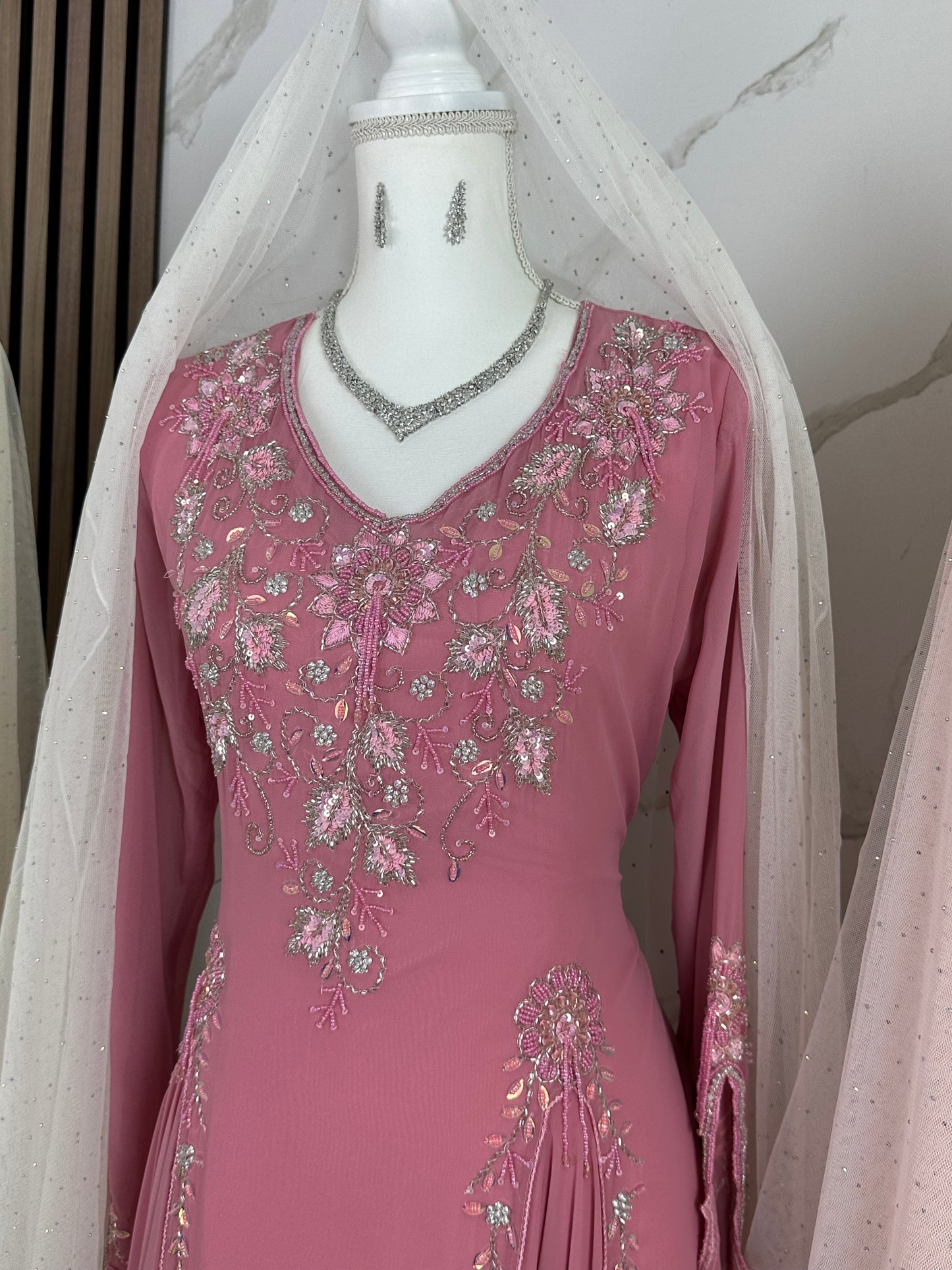 Pink caftan dress fully handmade work with two cassarat