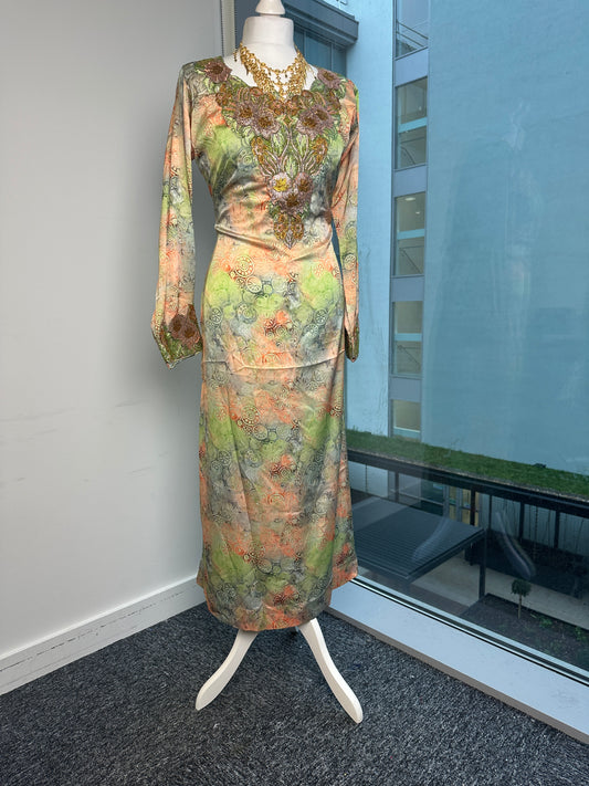 Green orange silk Mukhawar with back corset