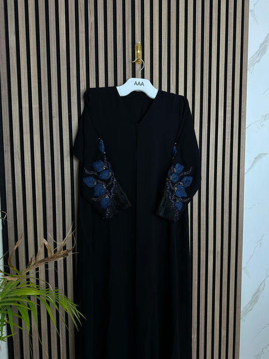 Black and blue abaya with matching Sheila and handmade work on the sleeves