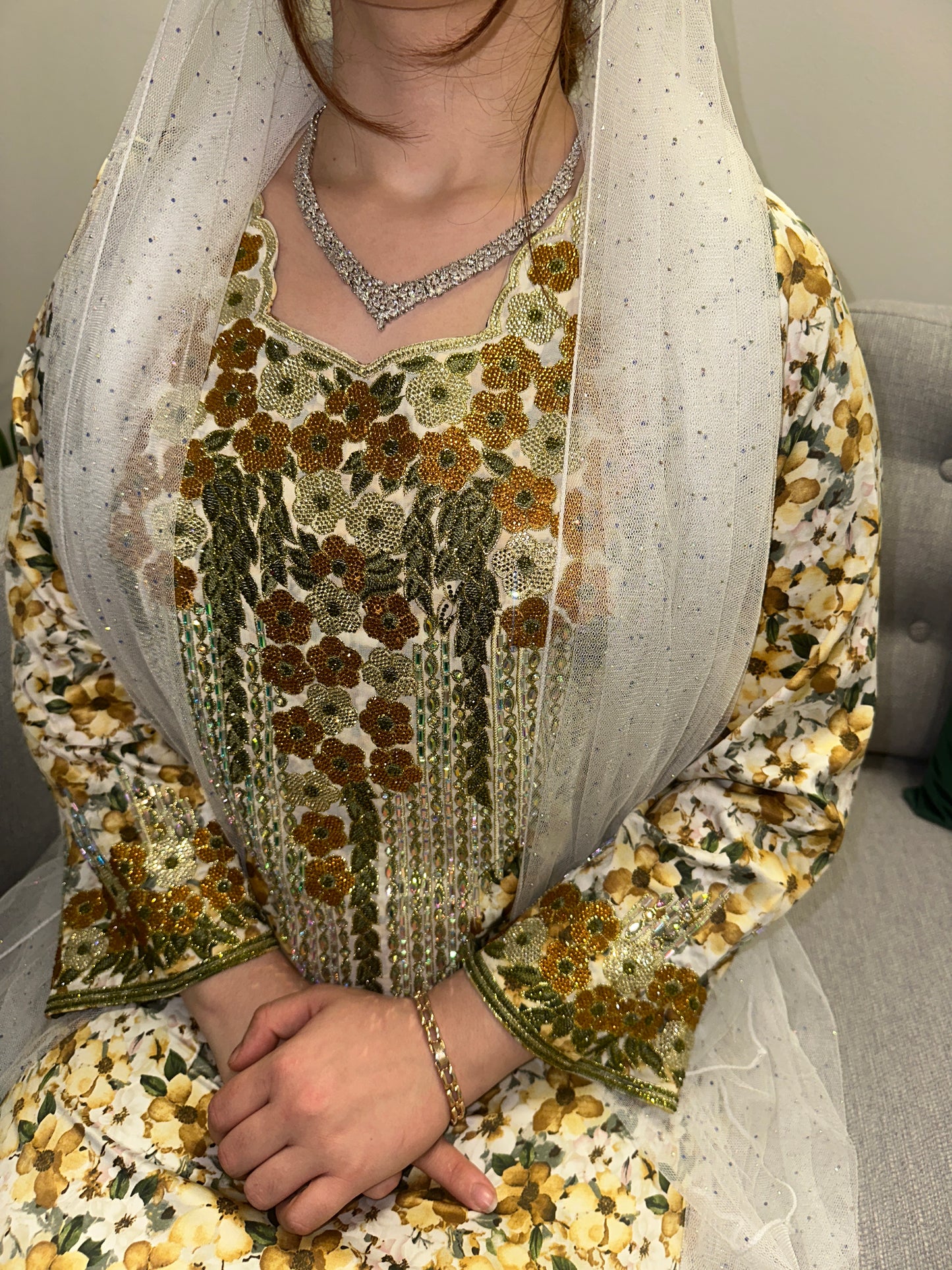Yellow floral Indonesian silk mkhawar