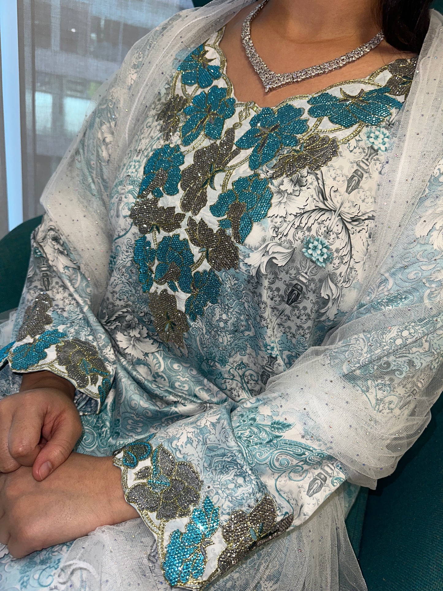 Olive green and blue mkhawar Indonesian silk