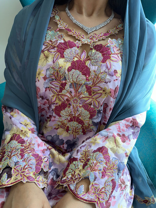 Purple6 and grey mkhawar with matching Shiela