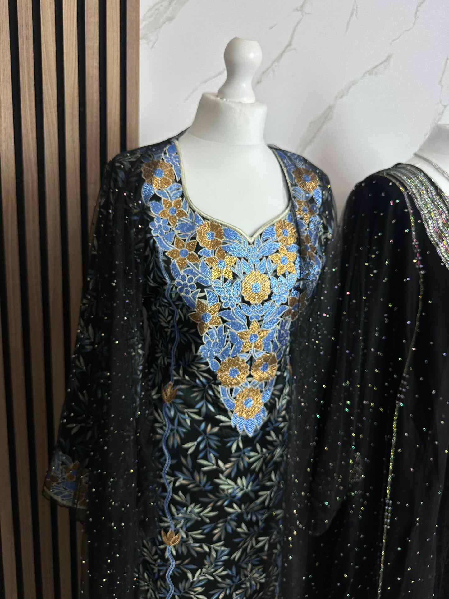 Black and blue mkhawar with black chiffon abaya