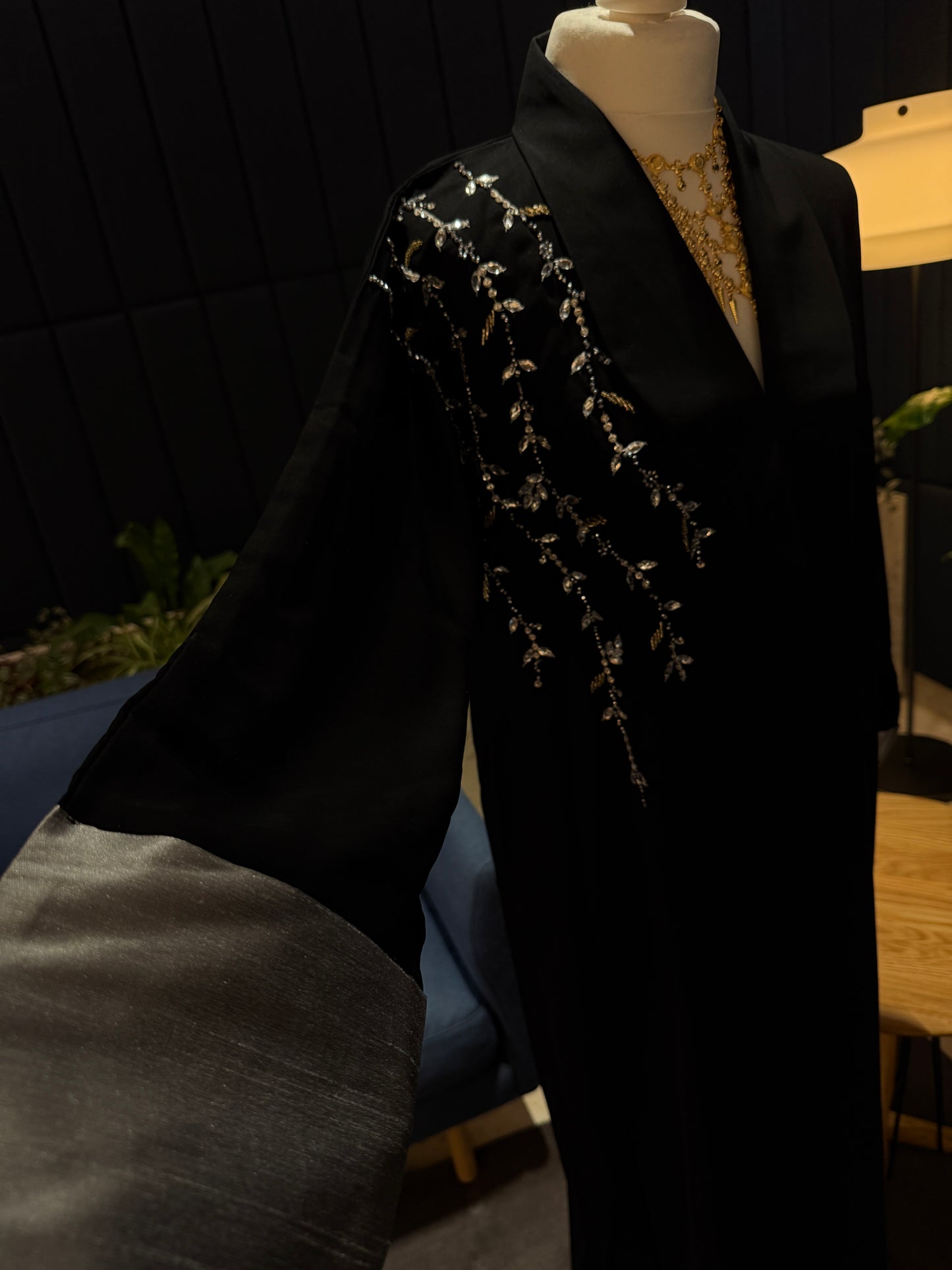 Black and silver simple abaya, handmade work details with hijab included