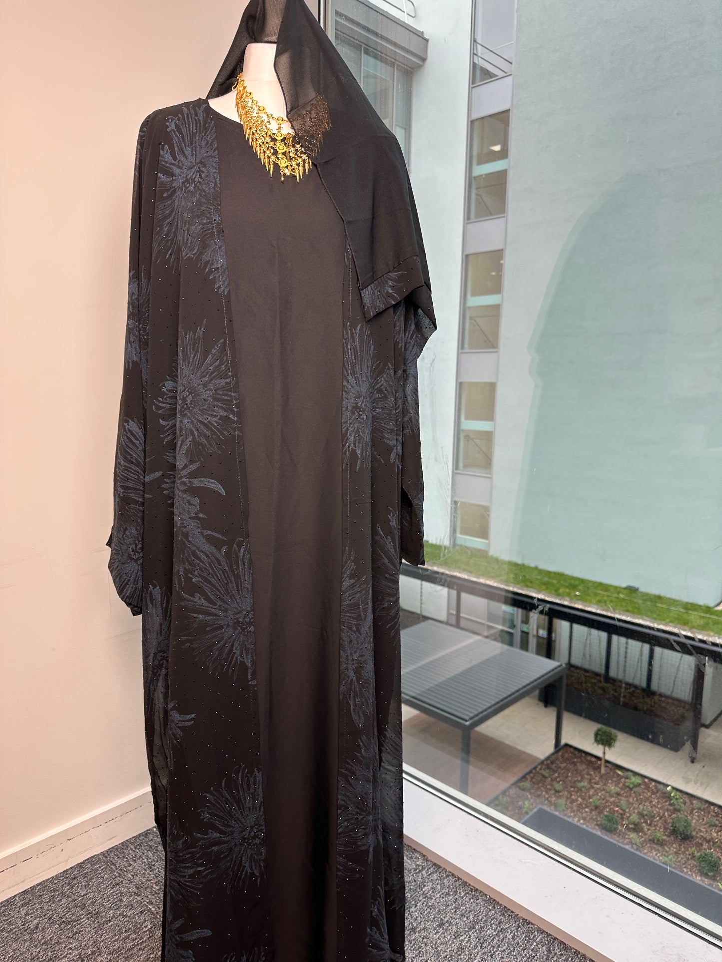 Blue leaf chiffon winged sleeve abaya with matching Sheila