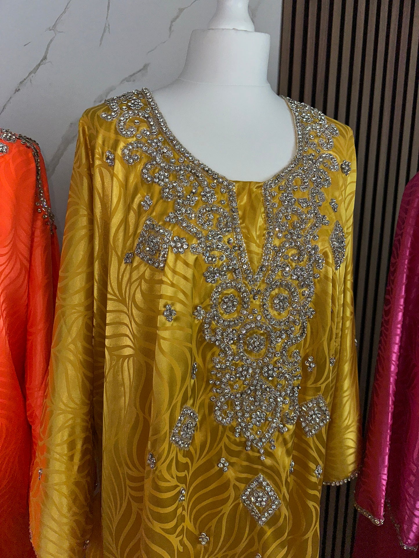 Mustard yellow mkhawar large sleeves handmade work