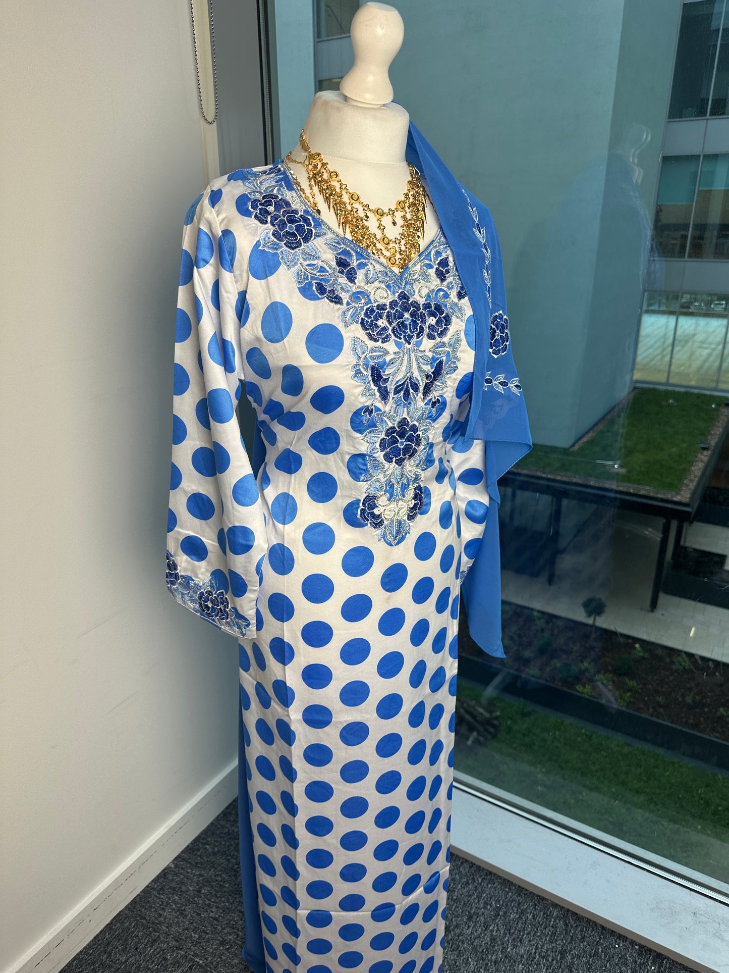 Blue polka dot Mukhawar with matching Sheila
